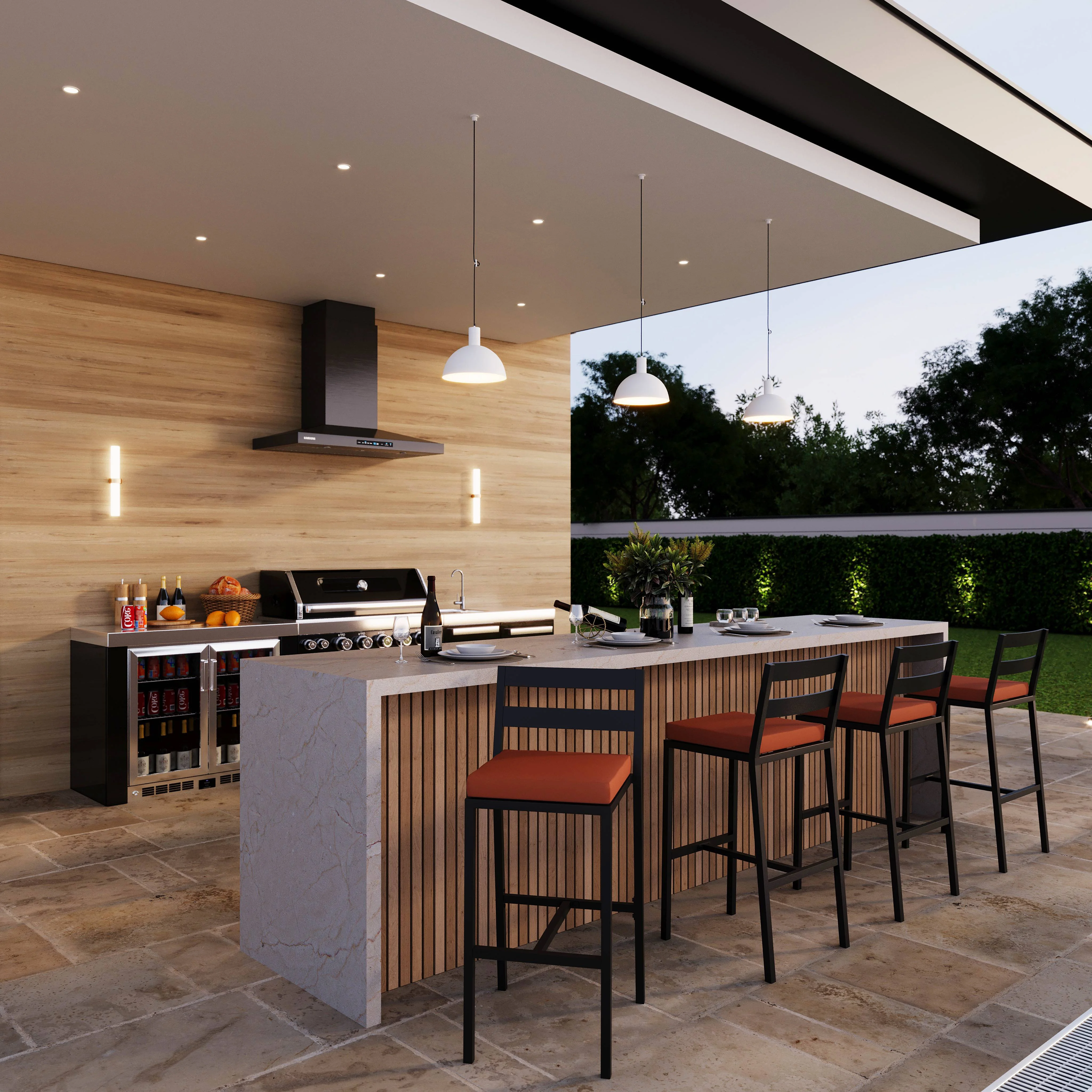 Chelsea Collection Modern Aluminum Outdoor Bar Chair in black with Orange Cushions - Set of 2