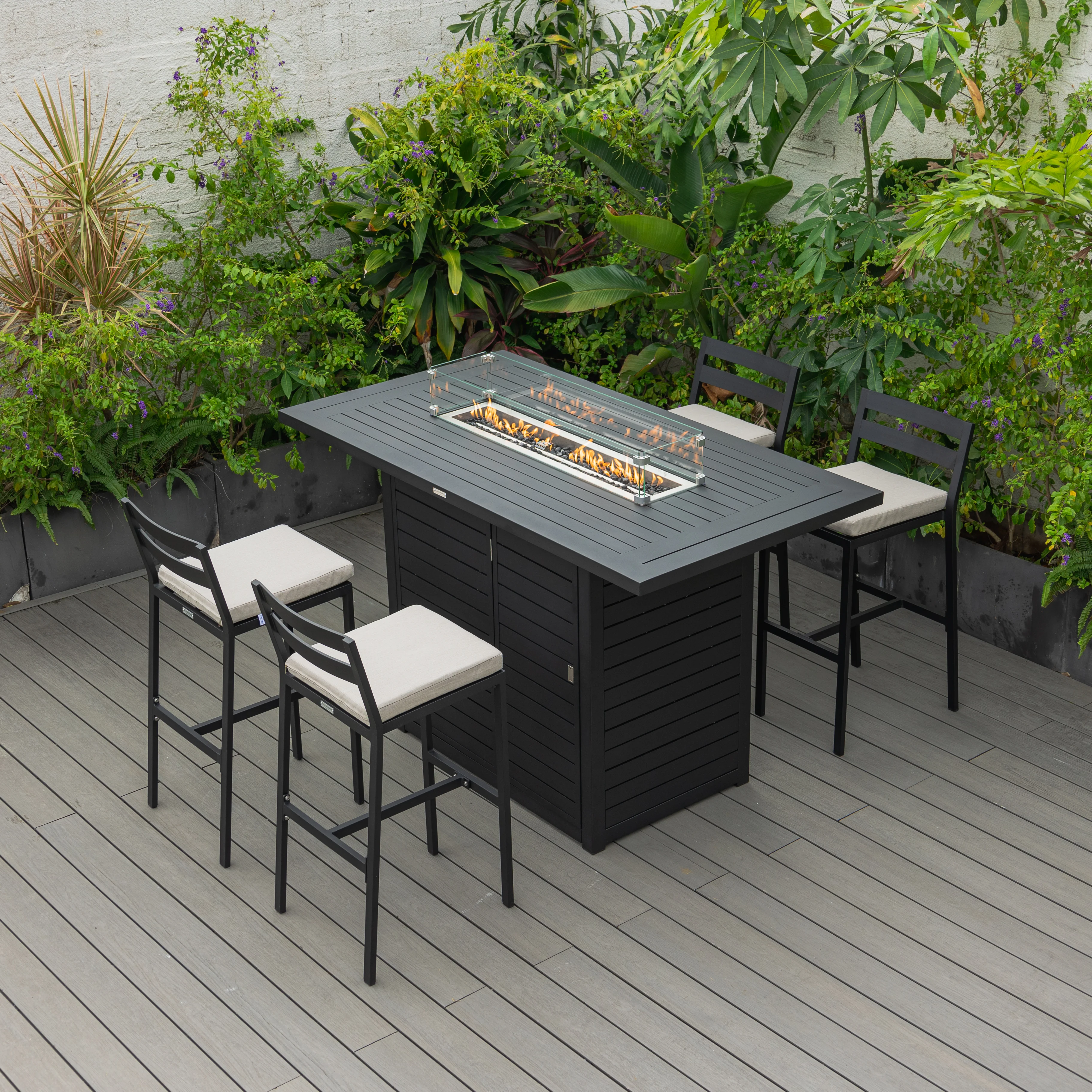 Chelsea Collection Aluminum Outdoor Dining Set, 1 Bar Height Fire Pit Table and 4 Bar Chair in black with Beige Cushions