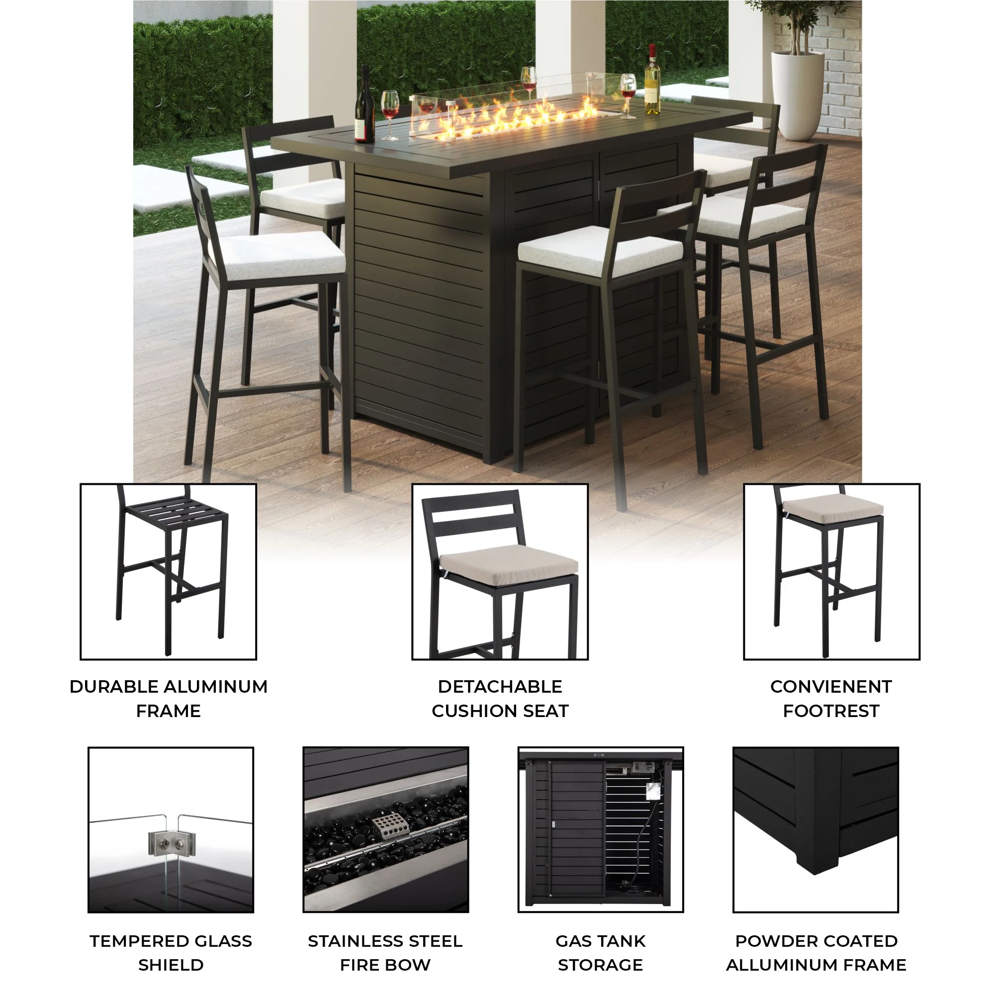 Chelsea Collection Aluminum Outdoor Dining Set, 1 Bar Height Fire Pit Table and 4 Bar Chair in black with Beige Cushions