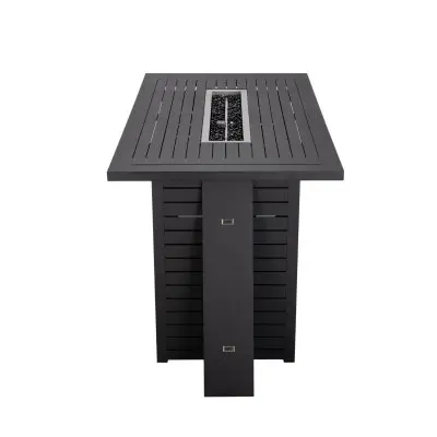 Chelsea Collection Aluminum Outdoor Dining Set, 1 Bar Height Fire Pit Table and 4 Bar Chair in black with Beige Cushions