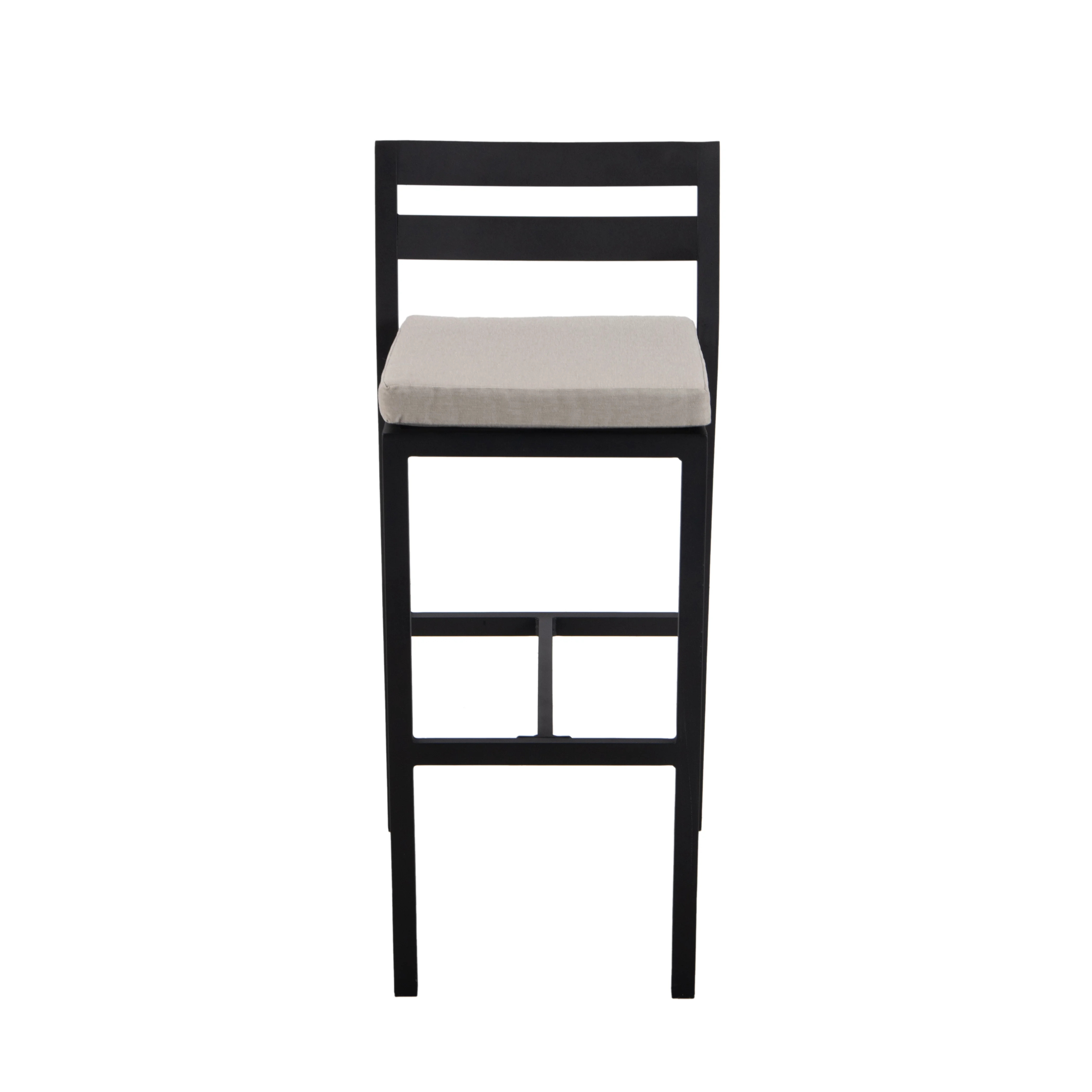 Chelsea Collection Aluminum Outdoor Dining Set, 1 Bar Height Fire Pit Table and 6 Bar Chair in black with Beige Cushions