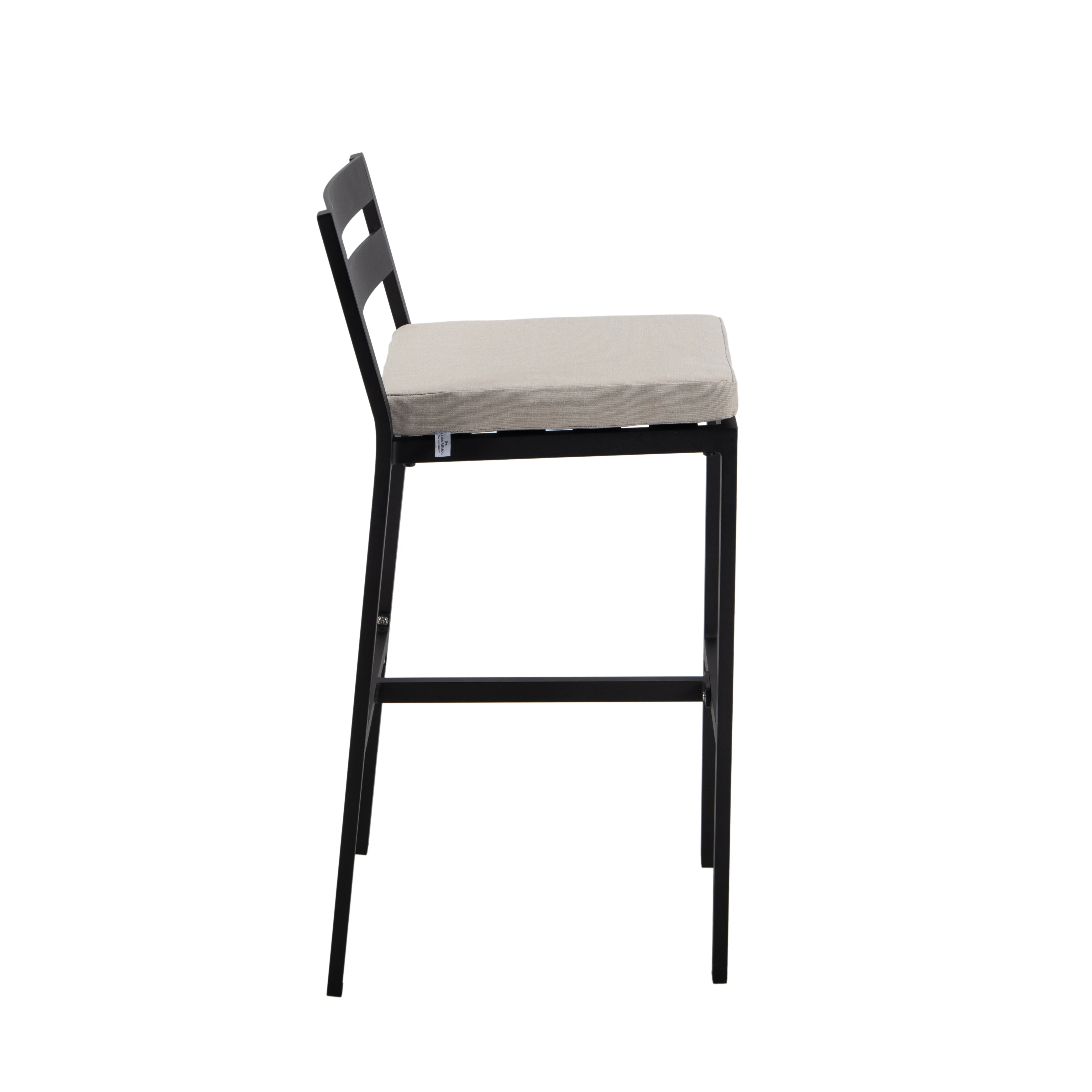 Chelsea Collection Aluminum Outdoor Dining Set, 1 Bar Height Fire Pit Table and 6 Bar Chair in black with Beige Cushions