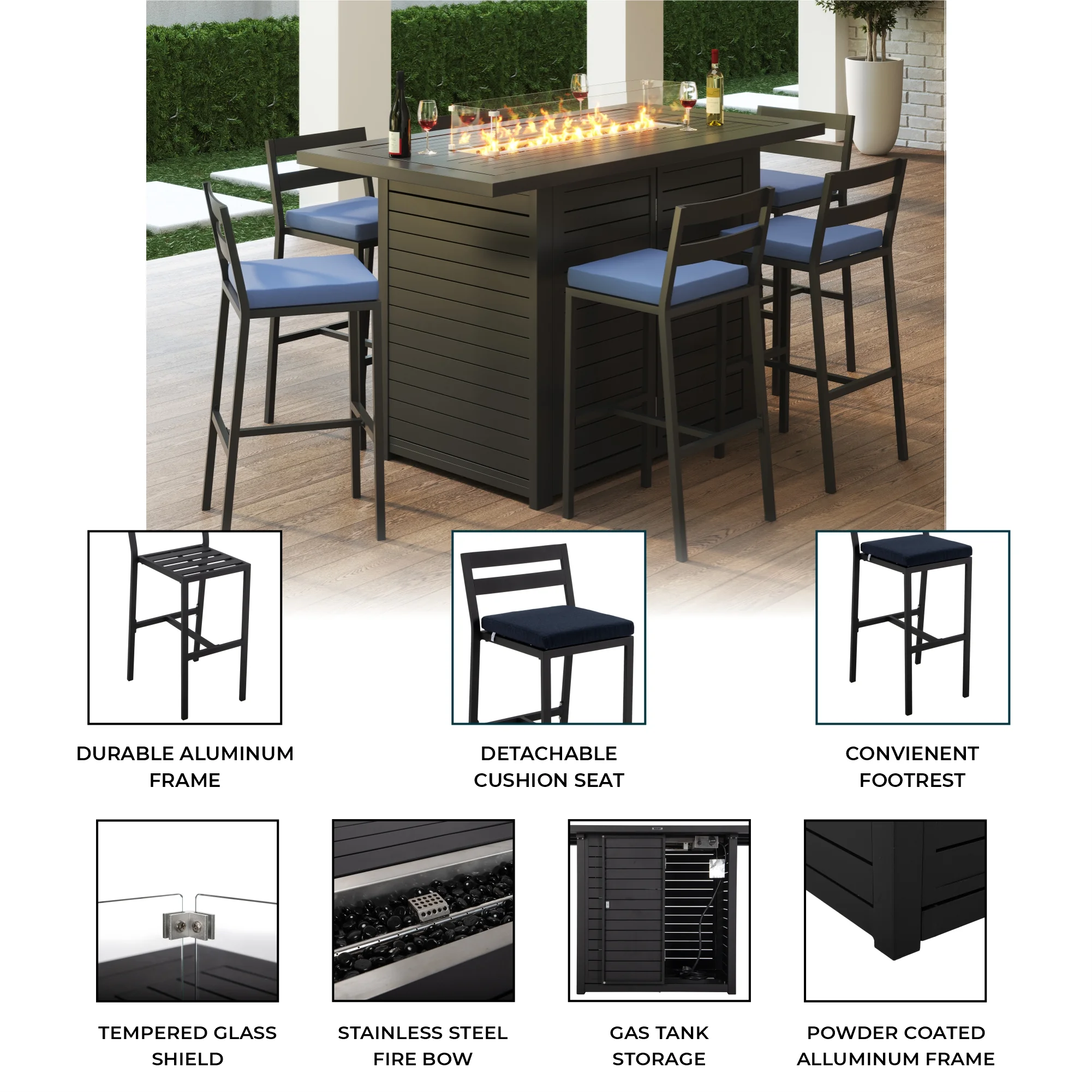 Chelsea Collection Aluminum Outdoor Dining Set, 1 Bar Height Fire Pit Table and 4 Bar Chair in black with Blue Cushions