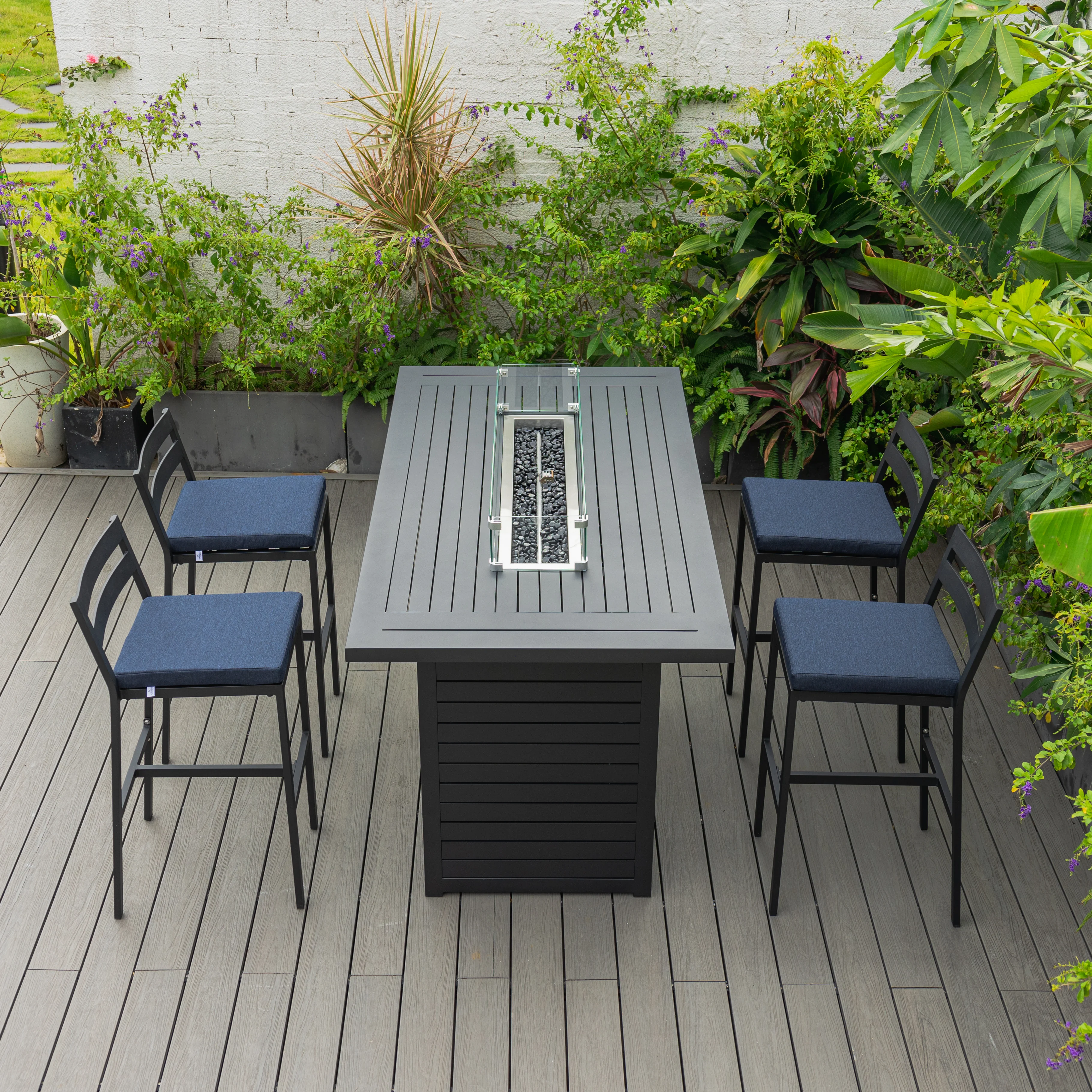 Chelsea Collection Aluminum Outdoor Dining Set, 1 Bar Height Fire Pit Table and 4 Bar Chair in black with Blue Cushions