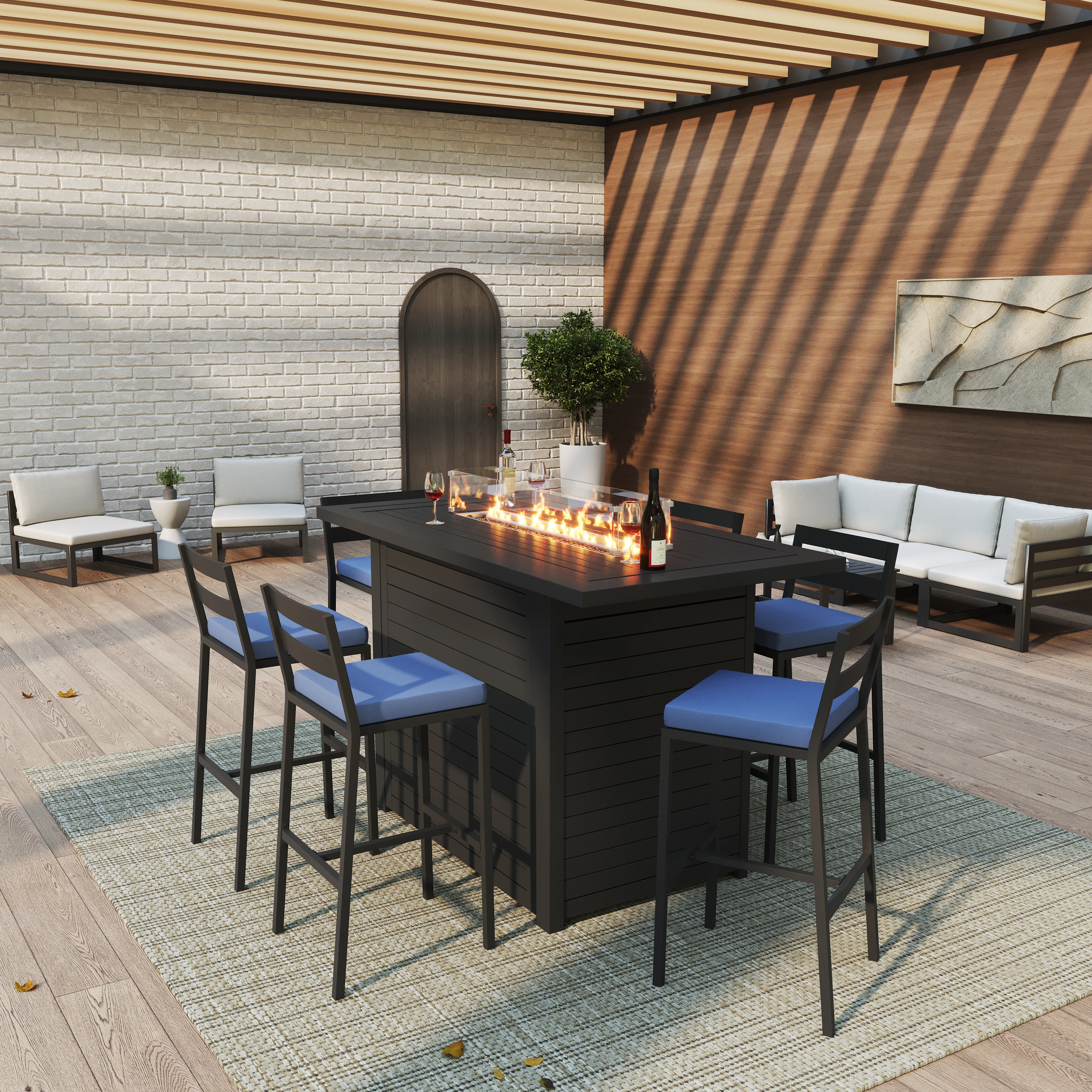 Chelsea Collection Aluminum Outdoor Dining Set, 1 Bar Height Fire Pit Table and 6 Bar Chair in black with Blue Cushions
