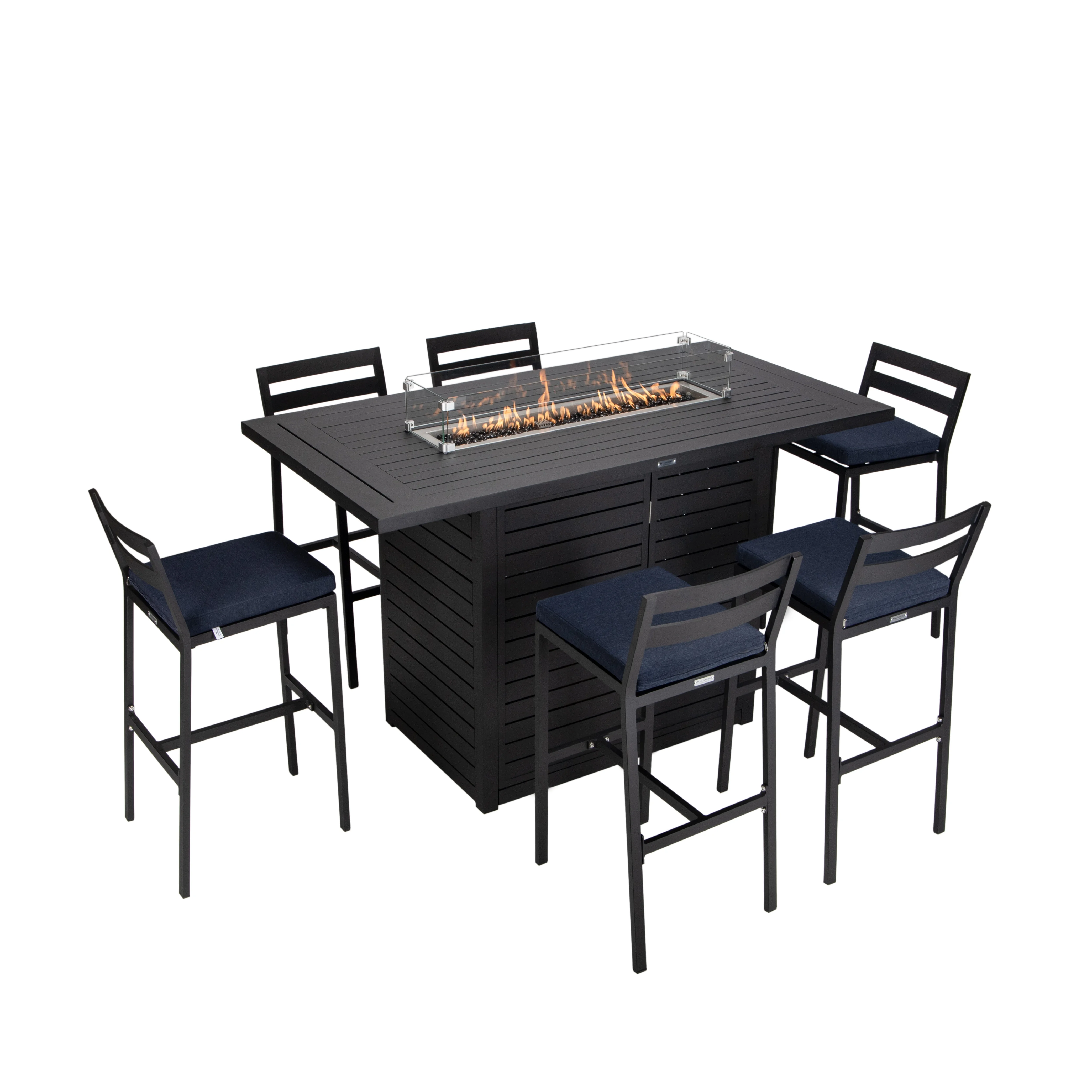 Chelsea Collection Aluminum Outdoor Dining Set, 1 Bar Height Fire Pit Table and 6 Bar Chair in black with Blue Cushions