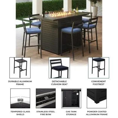 Chelsea Collection Aluminum Outdoor Dining Set, 1 Bar Height Fire Pit Table and 6 Bar Chair in black with Blue Cushions