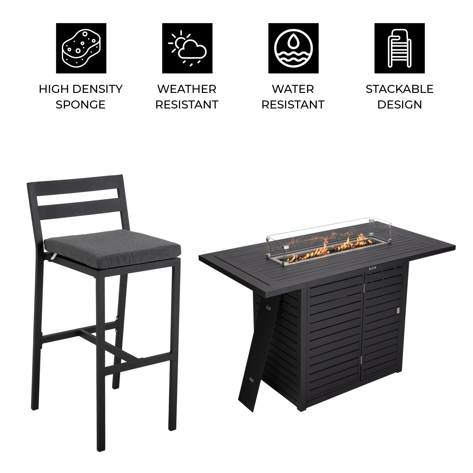 Chelsea Collection Aluminum Outdoor Dining Set, 1 Bar Height Fire Pit Table and 4 Bar Chair in black with Charocal Cushions