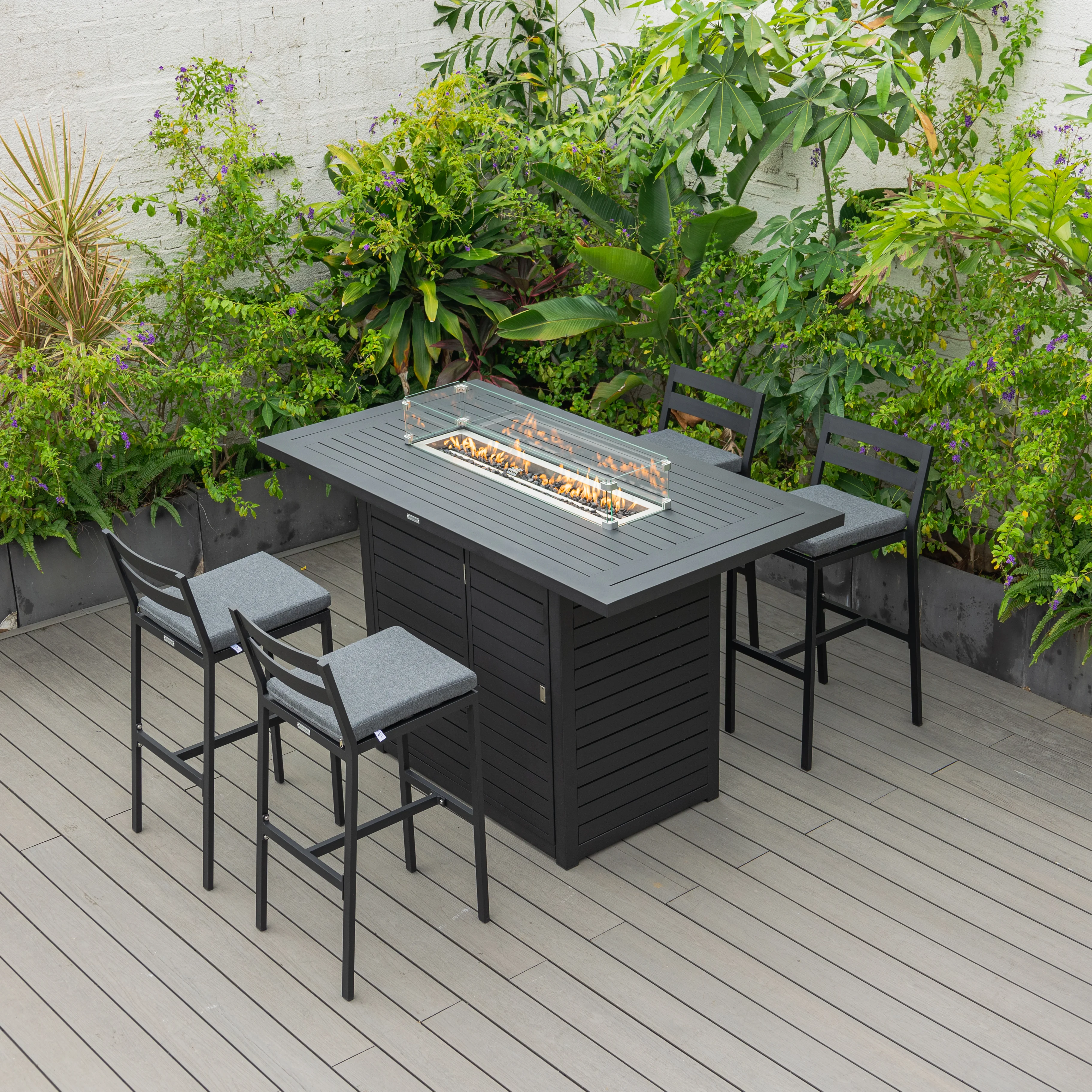 Chelsea Collection Aluminum Outdoor Dining Set, 1 Bar Height Fire Pit Table and 4 Bar Chair in black with Charocal Cushions
