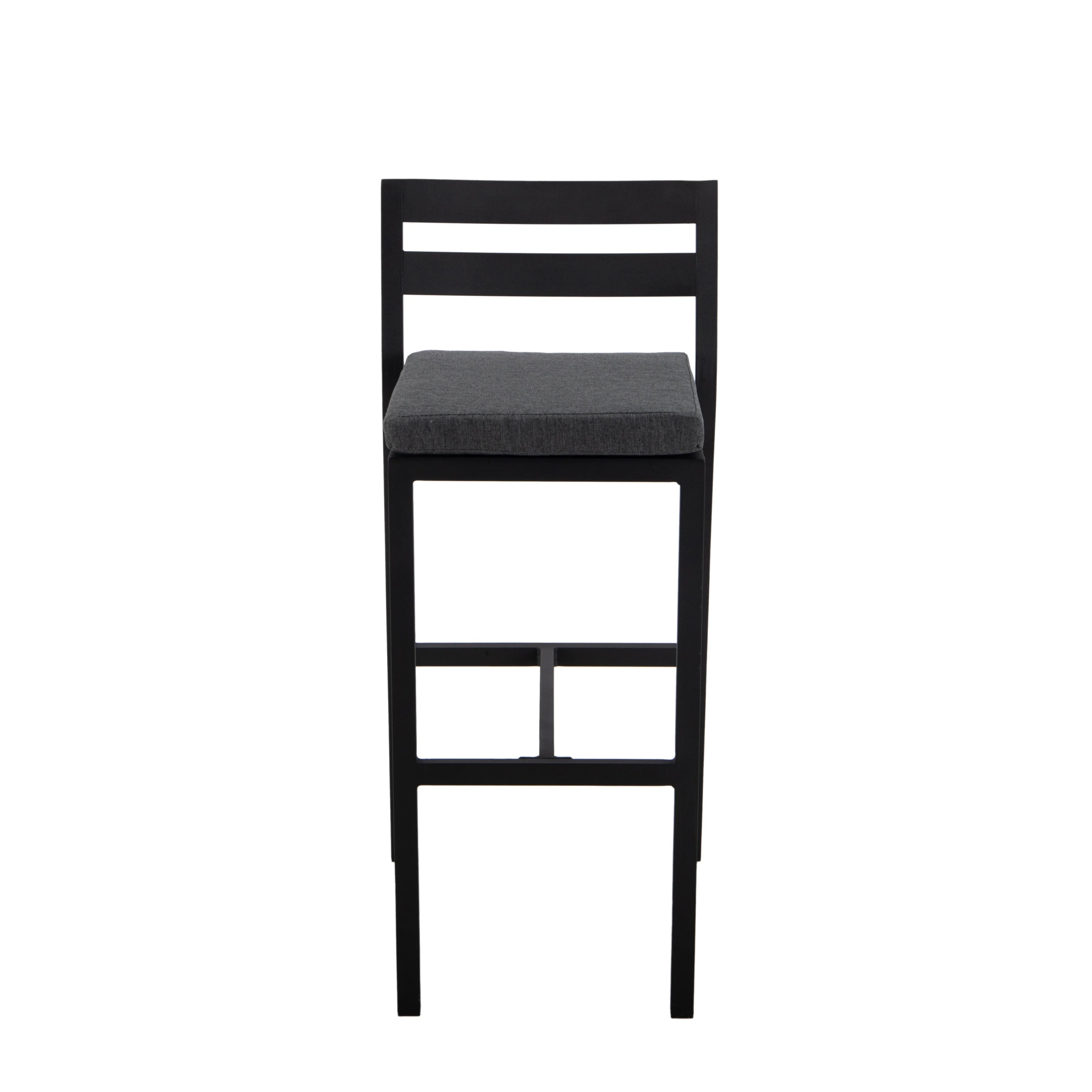 Chelsea Collection Aluminum Outdoor Dining Set, 1 Bar Height Fire Pit Table and 6 Bar Chair in black with Charocal Cushions