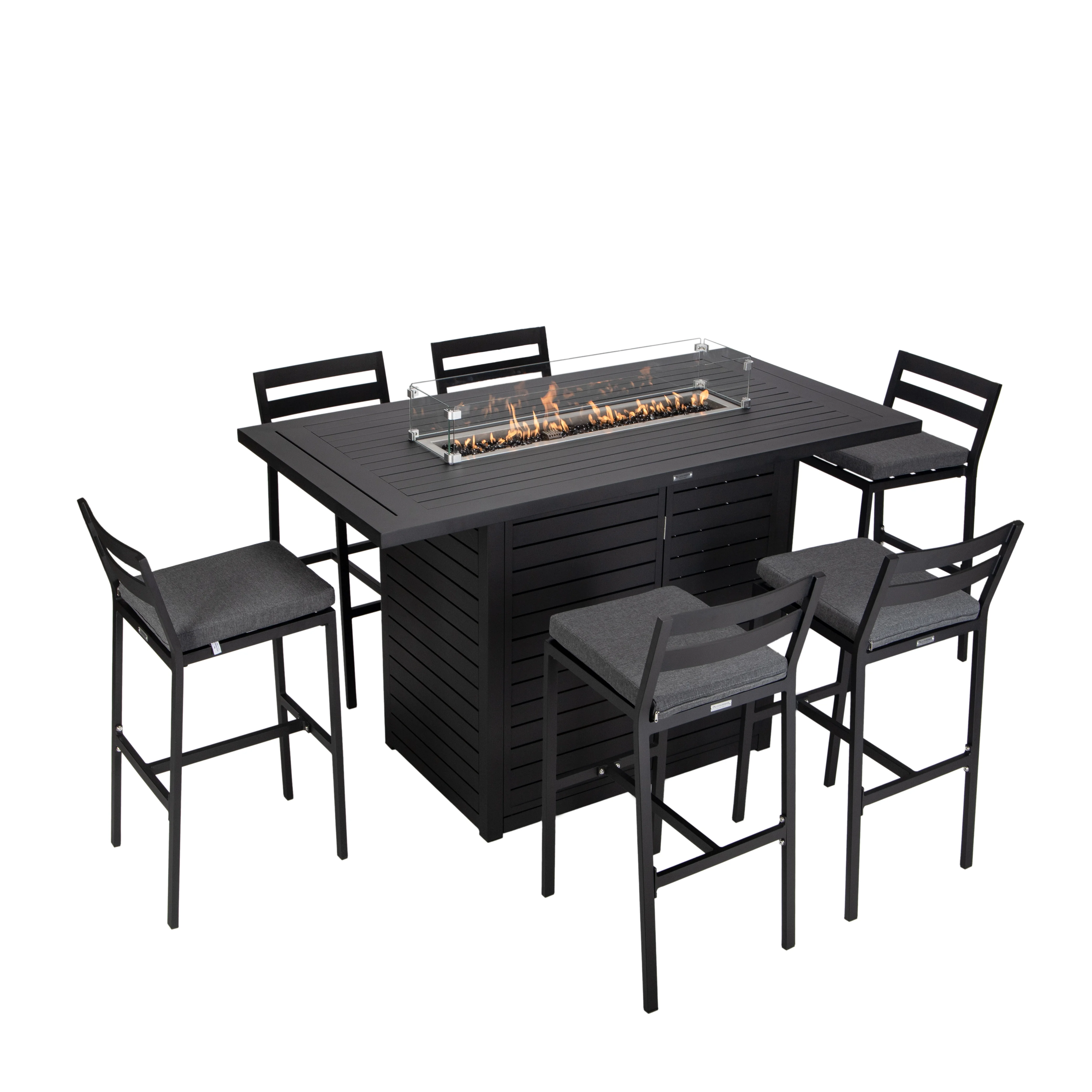 Chelsea Collection Aluminum Outdoor Dining Set, 1 Bar Height Fire Pit Table and 6 Bar Chair in black with Charocal Cushions