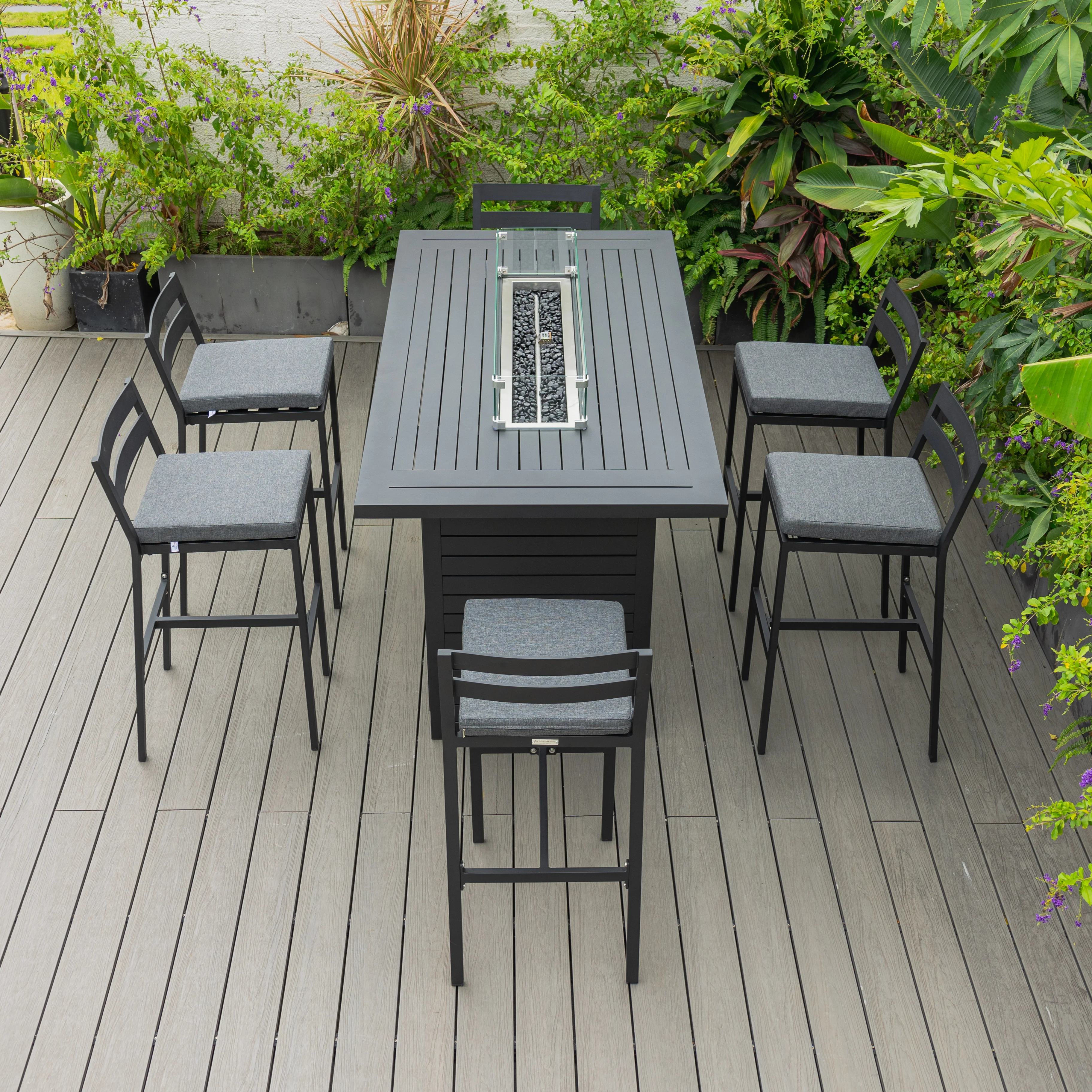 Chelsea Collection Aluminum Outdoor Dining Set, 1 Bar Height Fire Pit Table and 6 Bar Chair in black with Charocal Cushions