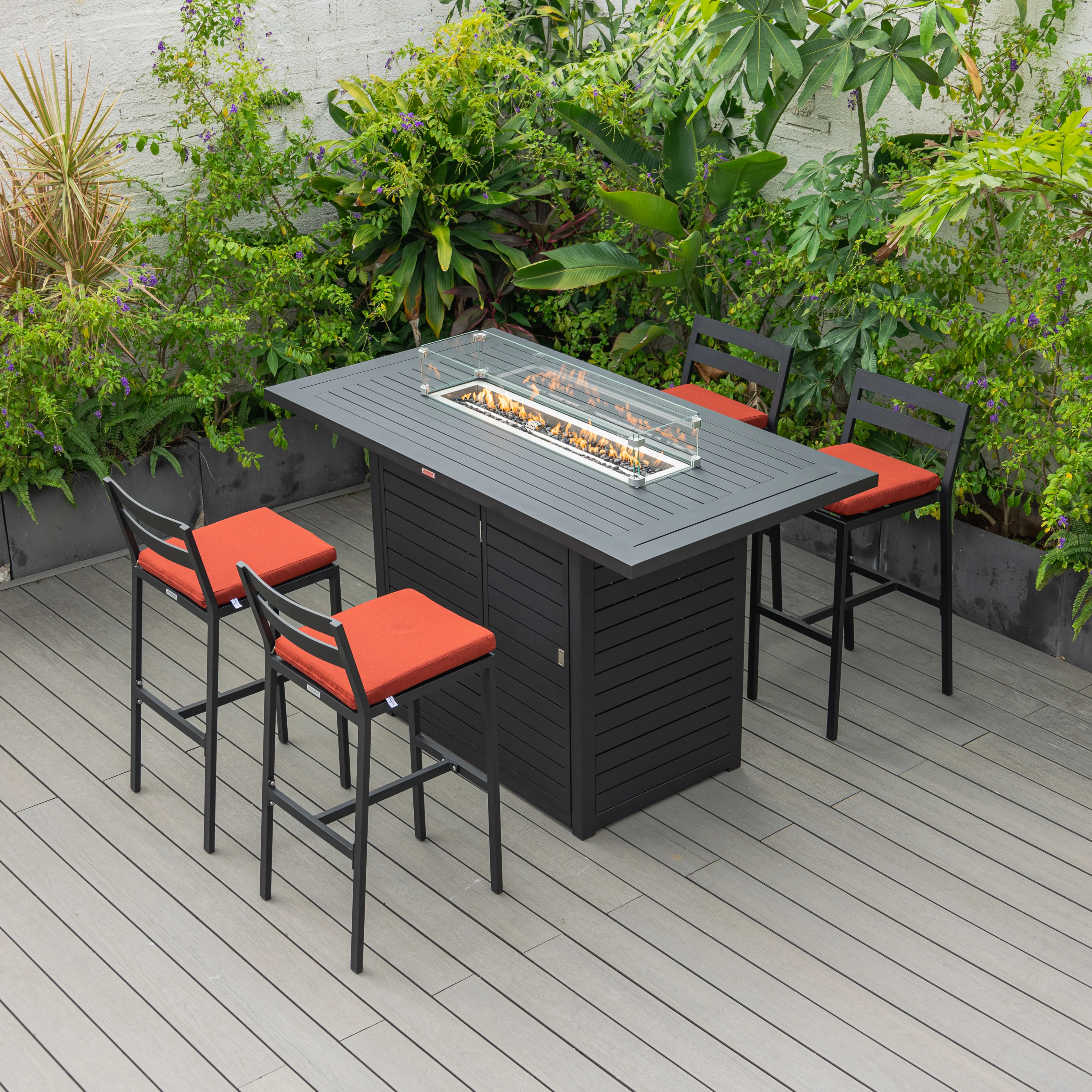 Chelsea Collection Aluminum Outdoor Dining Set, 1 Bar Height Fire Pit Table and 4 Bar Chair in black with Cherry Cushions