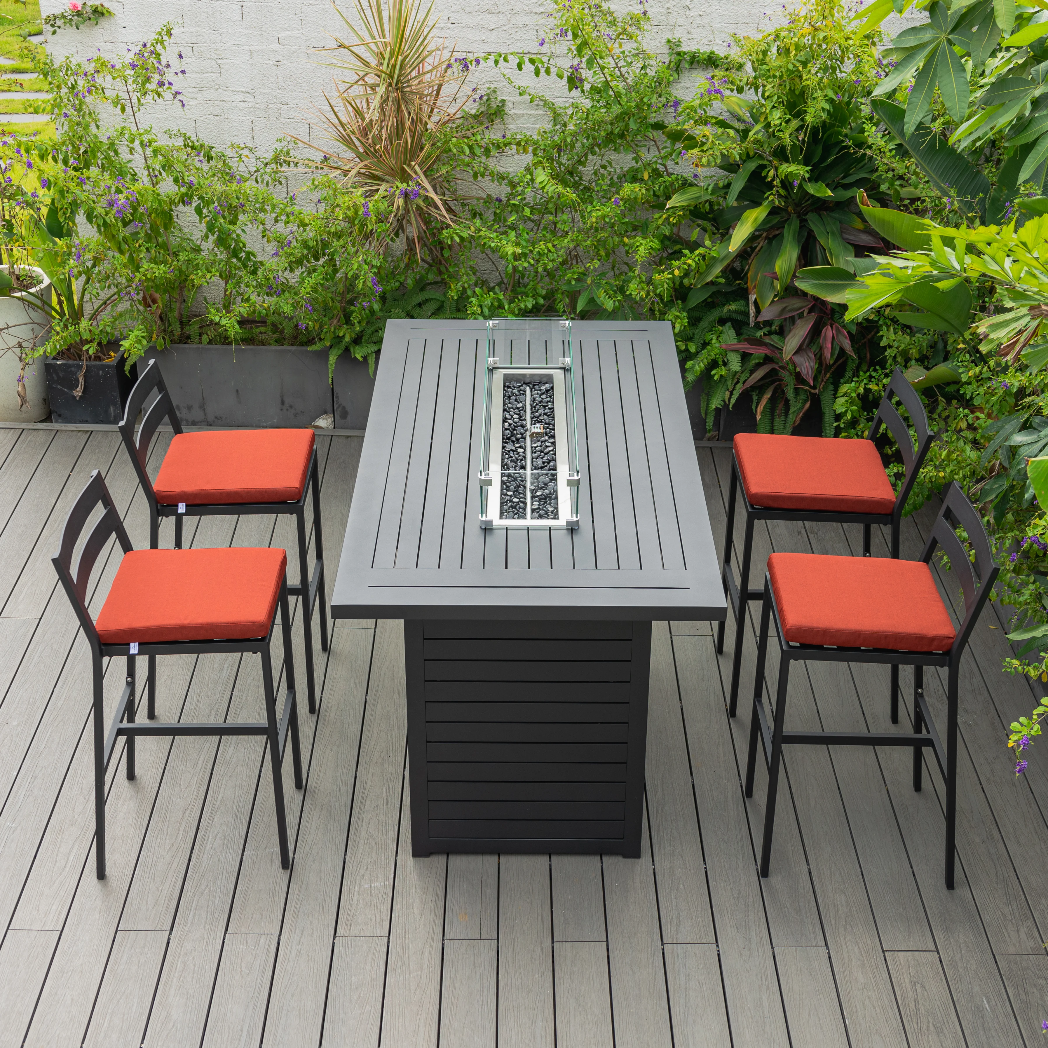 Chelsea Collection Aluminum Outdoor Dining Set, 1 Bar Height Fire Pit Table and 4 Bar Chair in black with Cherry Cushions