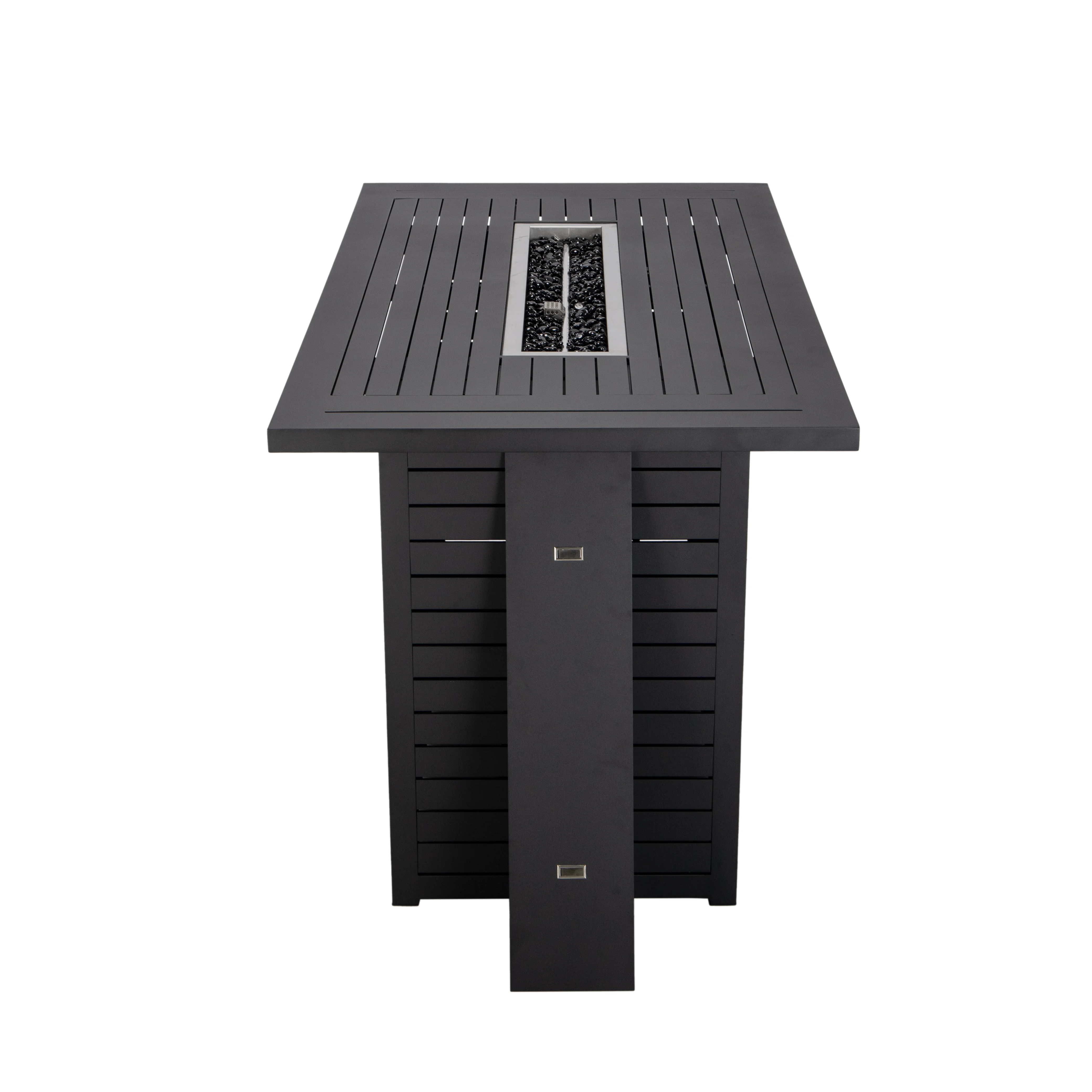 Chelsea Collection Aluminum Outdoor Dining Set, 1 Bar Height Fire Pit Table and 6 Bar Chair in black with Cherry Cushions