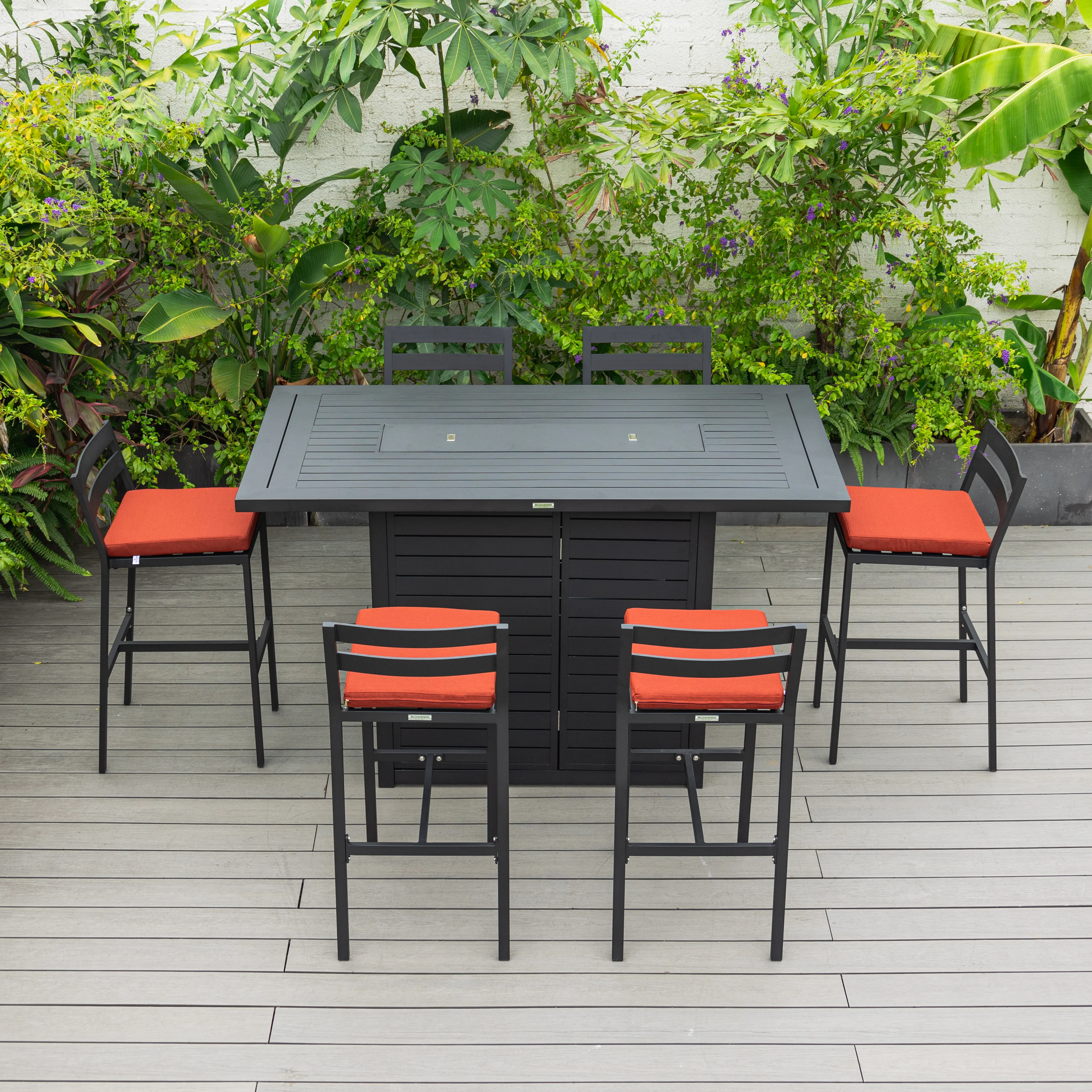 Chelsea Collection Aluminum Outdoor Dining Set, 1 Bar Height Fire Pit Table and 6 Bar Chair in black with Cherry Cushions