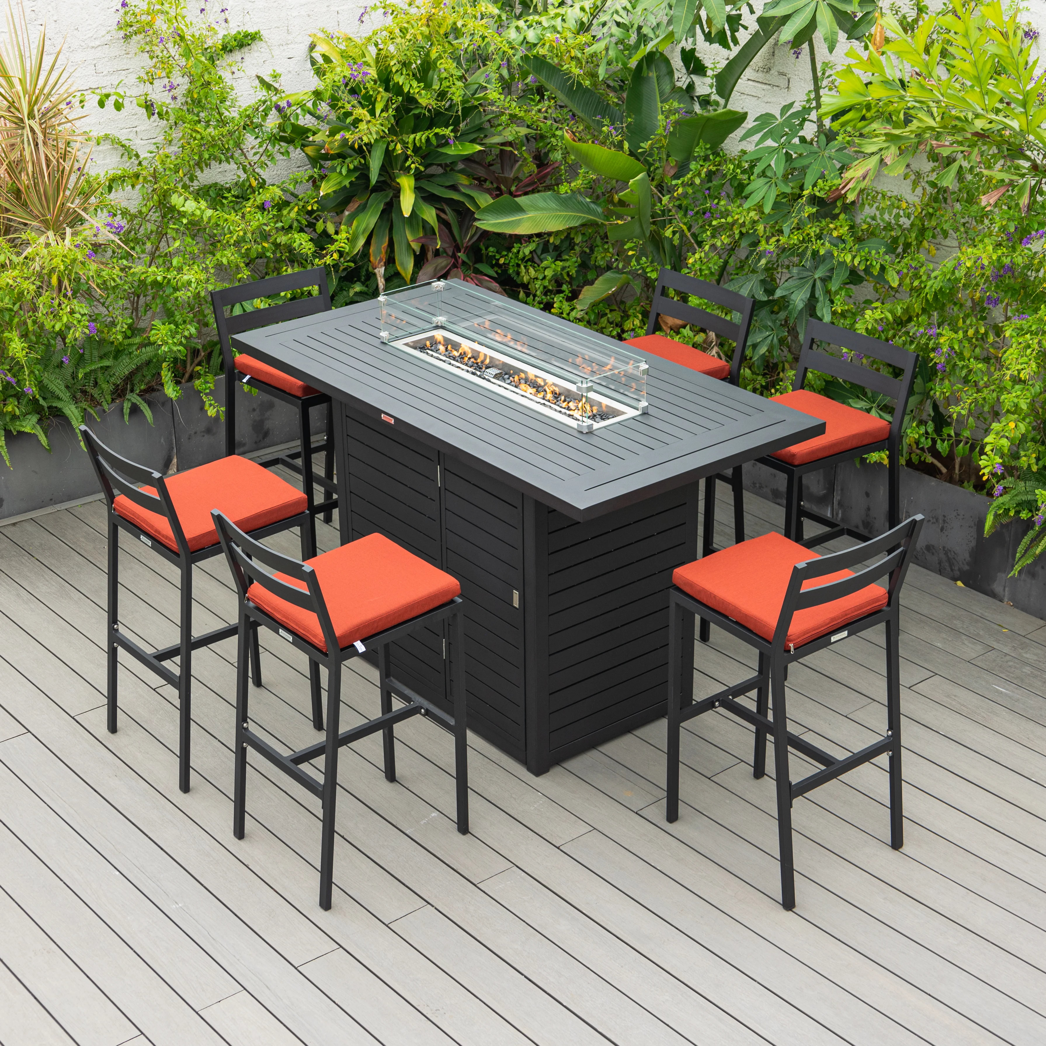 Chelsea Collection Aluminum Outdoor Dining Set, 1 Bar Height Fire Pit Table and 6 Bar Chair in black with Cherry Cushions