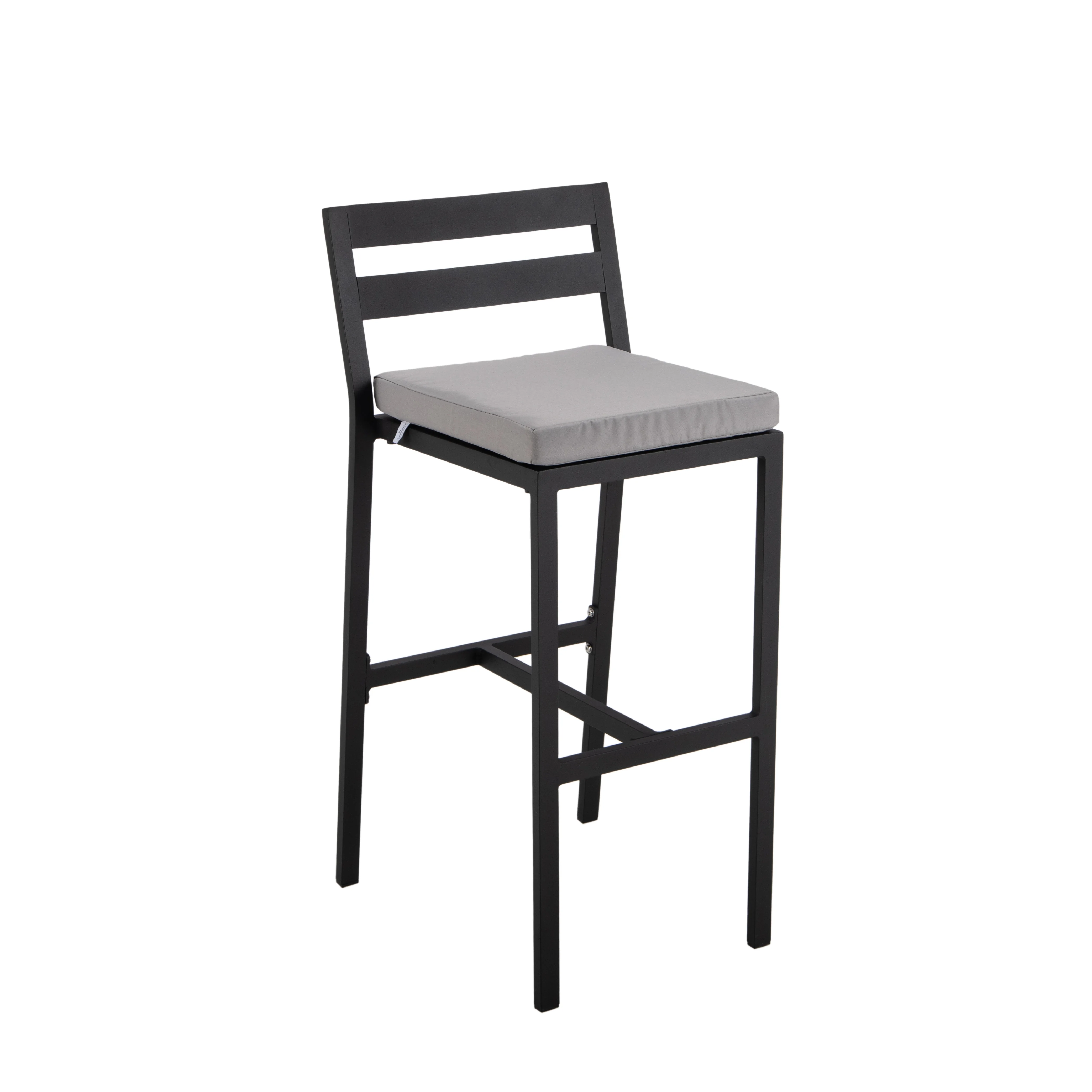 Chelsea Collection Aluminum Outdoor Dining Set, 1 Bar Height Fire Pit Table and 4 Bar Chair in black with Light Grey Cushions