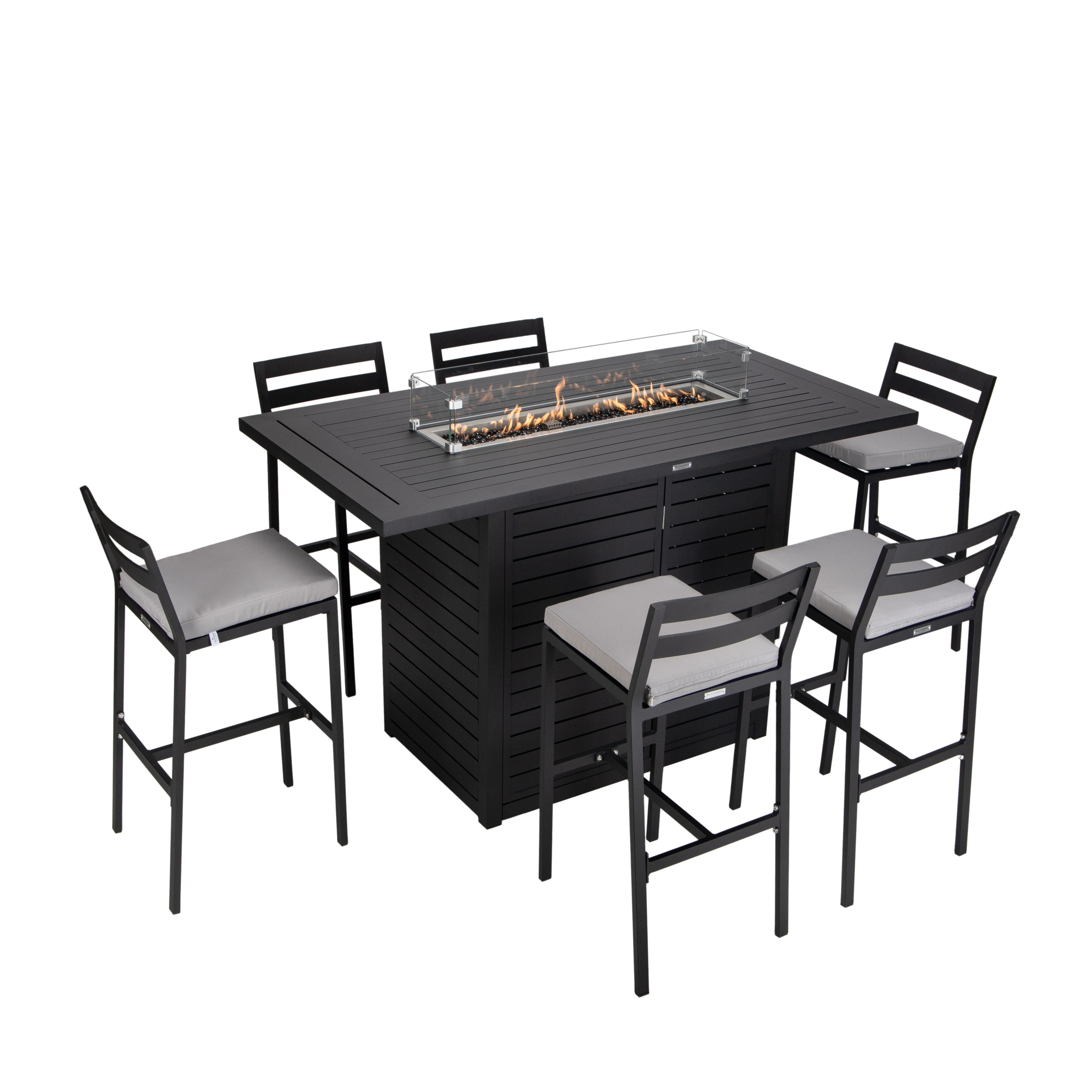 Chelsea Collection Aluminum Outdoor Dining Set, 1 Bar Height Fire Pit Table and 6 Bar Chair in black with Light Grey Cushions