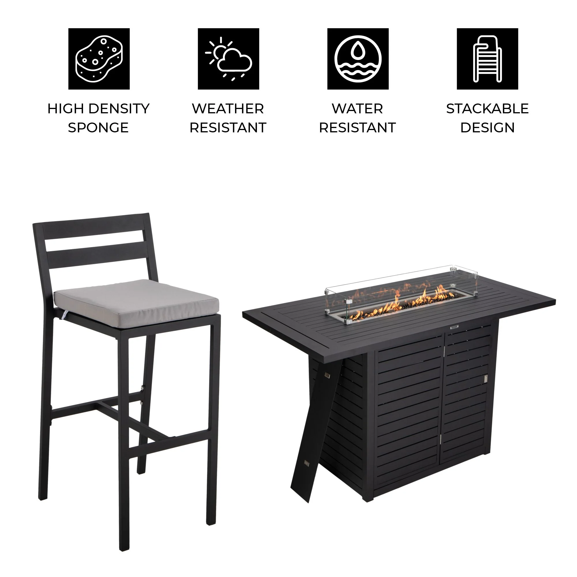Chelsea Collection Aluminum Outdoor Dining Set, 1 Bar Height Fire Pit Table and 6 Bar Chair in black with Light Grey Cushions