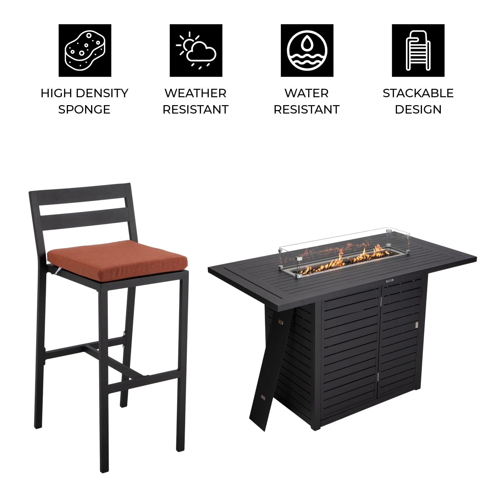 Chelsea Collection Aluminum Outdoor Dining Set, 1 Bar Height Fire Pit Table and 4 Bar Chair in black with Orange Cushions