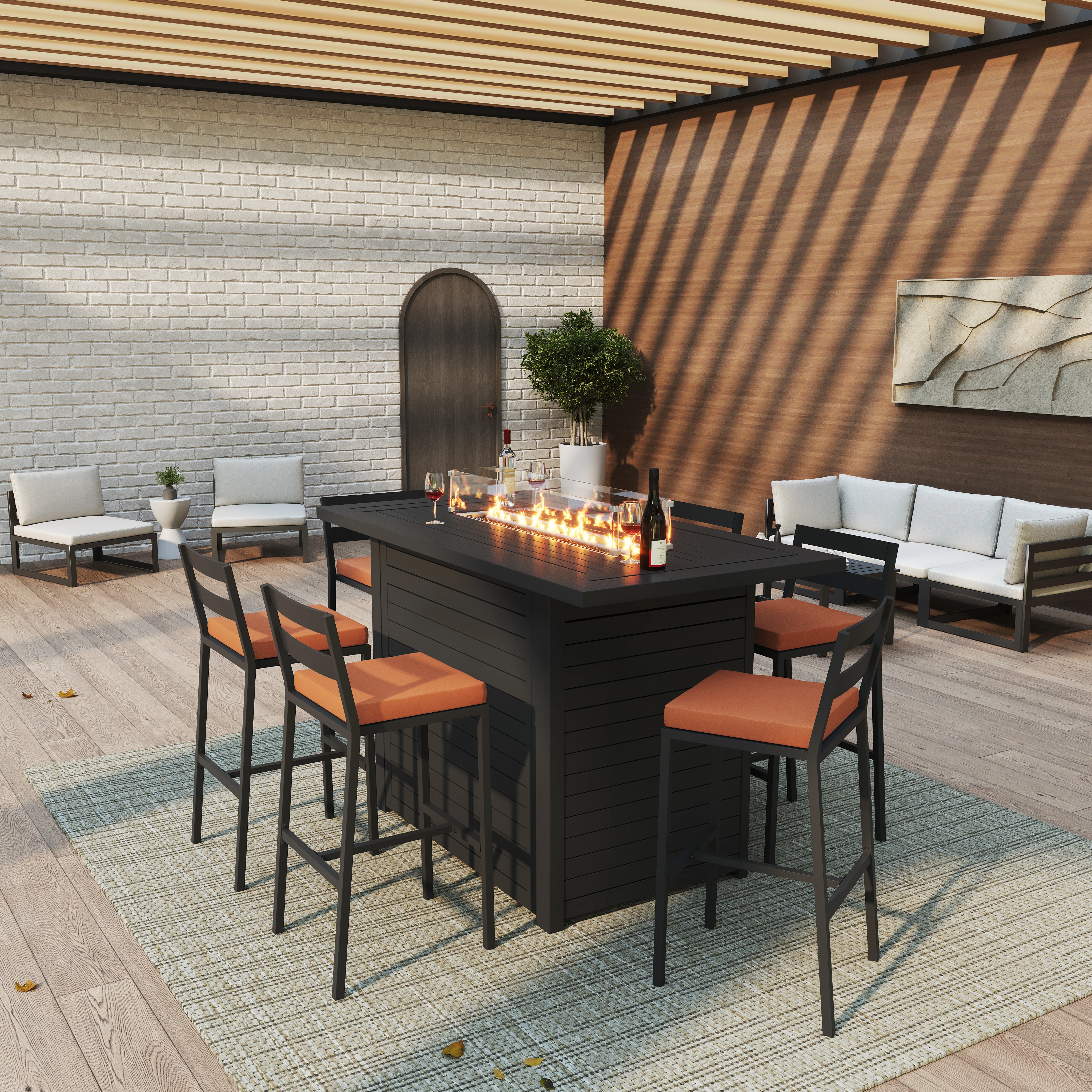 Chelsea Collection Aluminum Outdoor Dining Set, 1 Bar Height Fire Pit Table and 6 Bar Chair in black with Orange Cushions