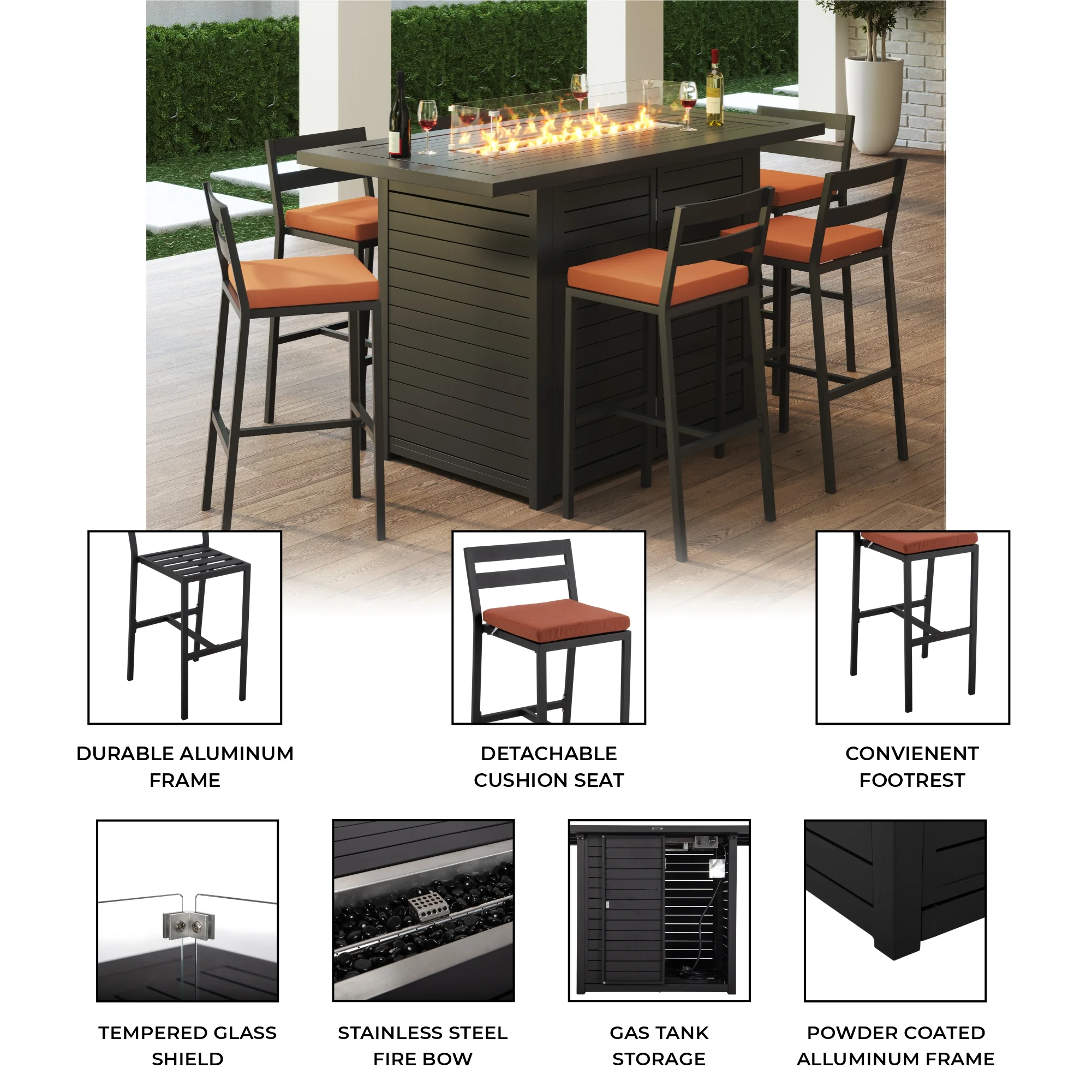 Chelsea Collection Aluminum Outdoor Dining Set, 1 Bar Height Fire Pit Table and 6 Bar Chair in black with Orange Cushions