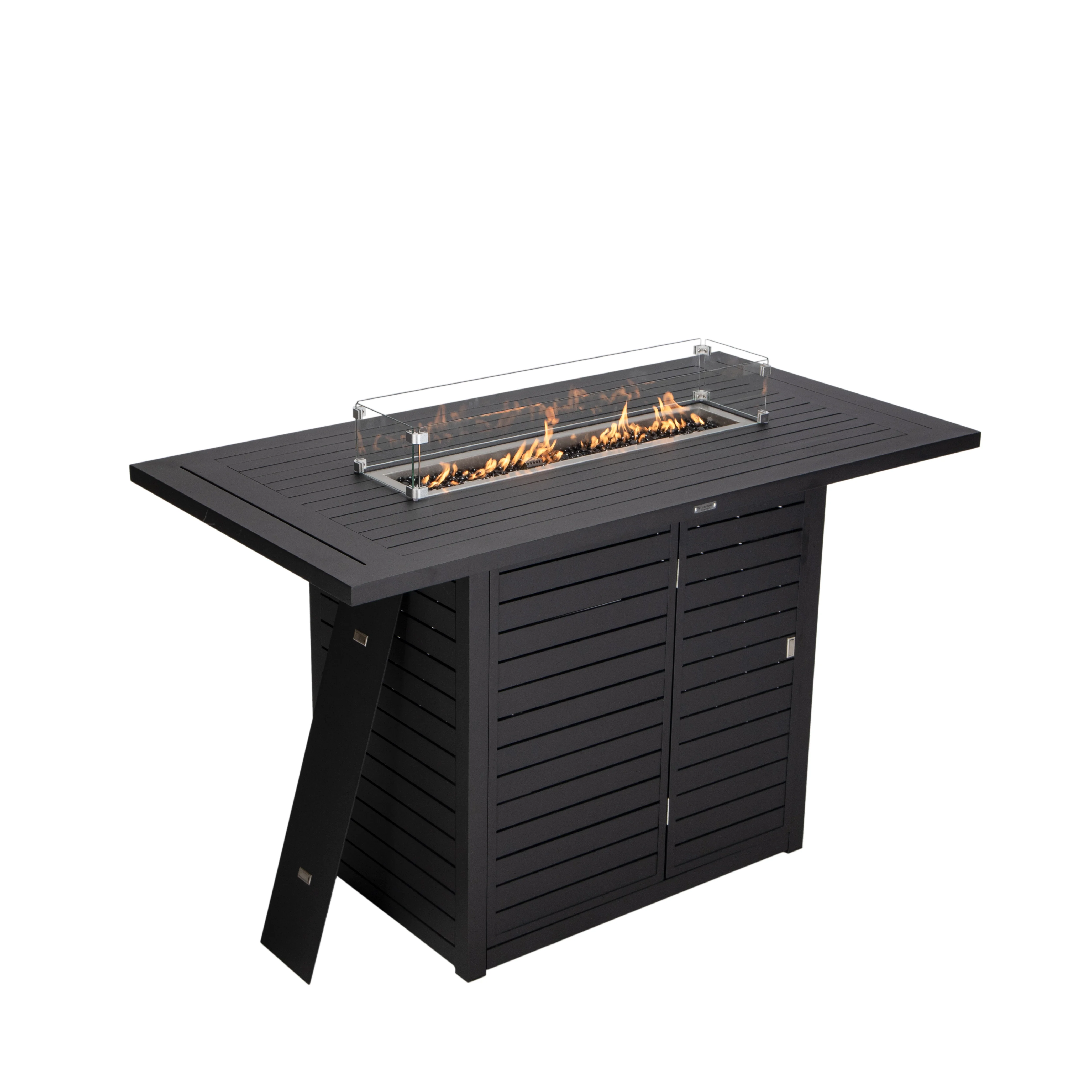 Chelsea Collection Aluminum Outdoor Dining Set, 1 Bar Height Fire Pit Table and 6 Bar Chair in black with Orange Cushions