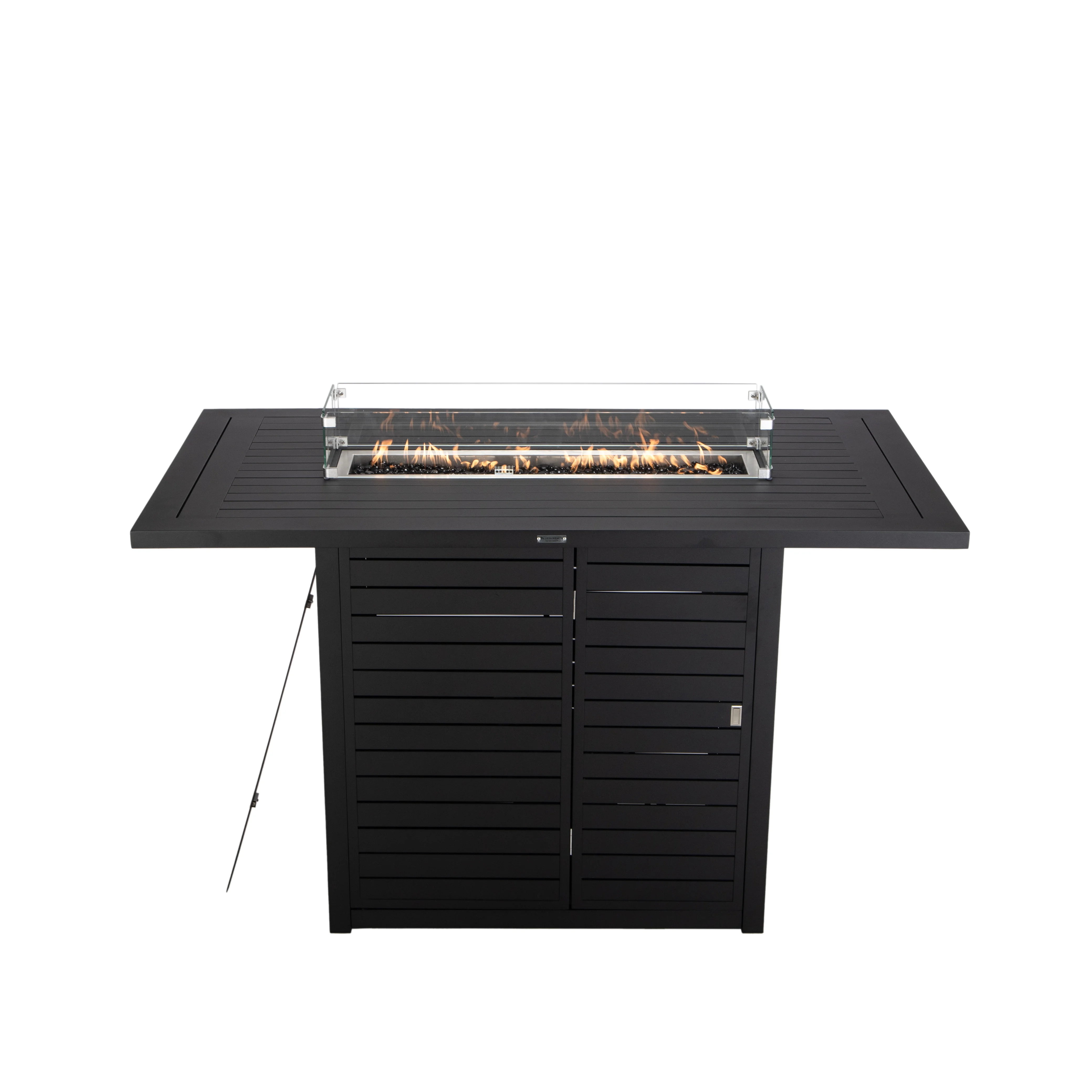 Chelsea Collection Aluminum Outdoor Dining Set, 1 Bar Height Fire Pit Table and 6 Bar Chair in black with Orange Cushions