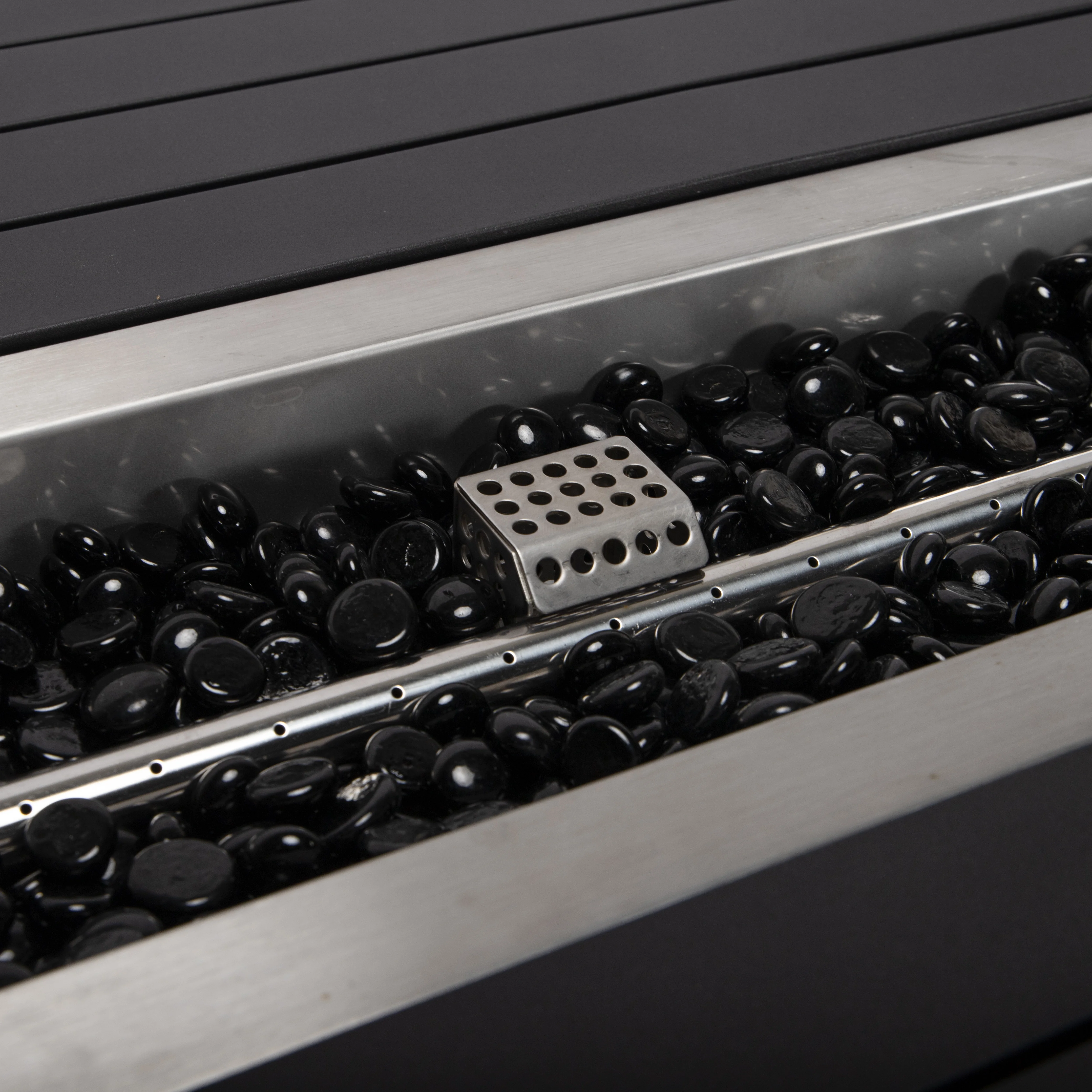 Chelsea Collection Aluminum Outdoor Dining Set, 1 Bar Height Fire Pit Table and 6 Bar Chair in black with Orange Cushions