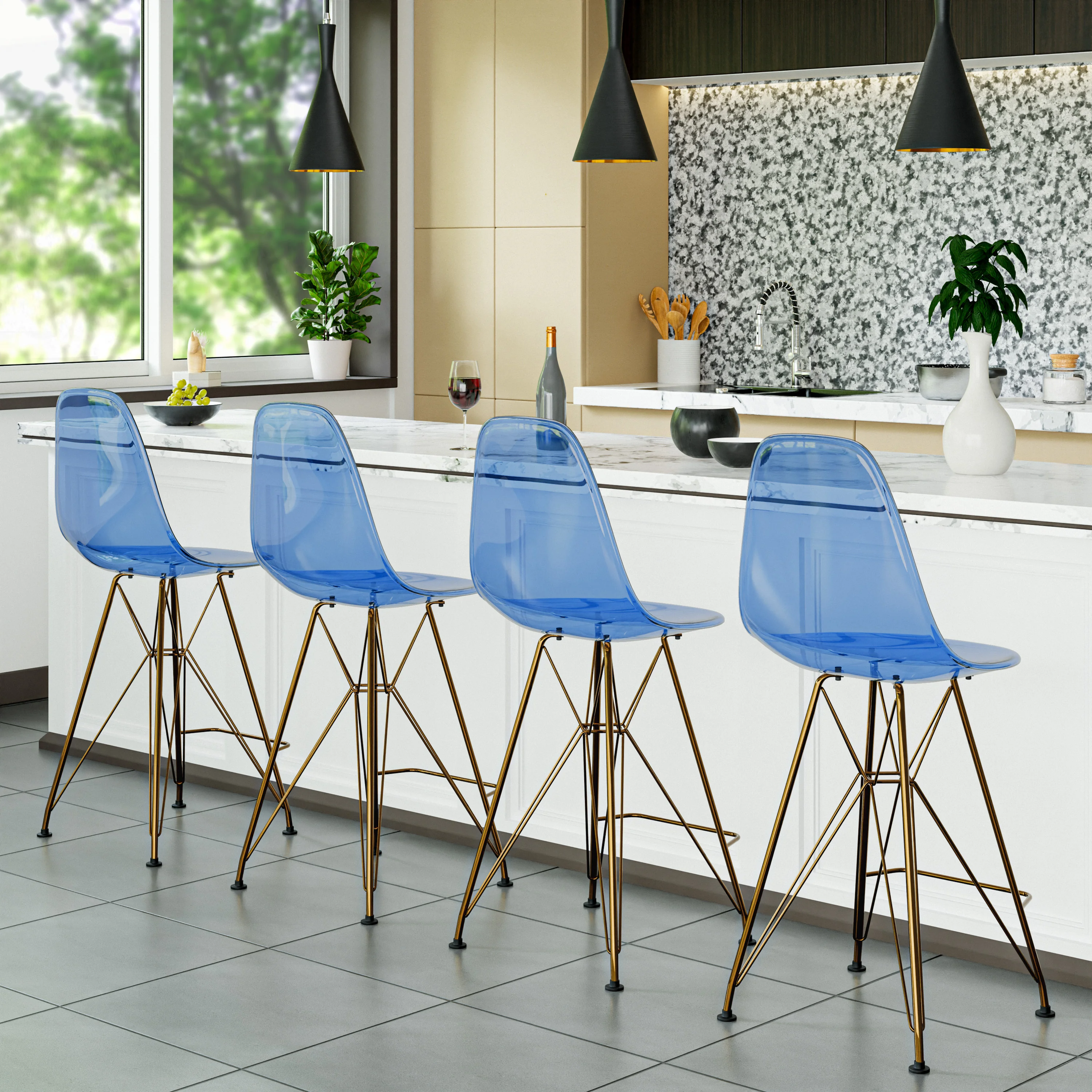 Cresco Counter Height Chair With Eiffel Gold Base In Transparent Blue