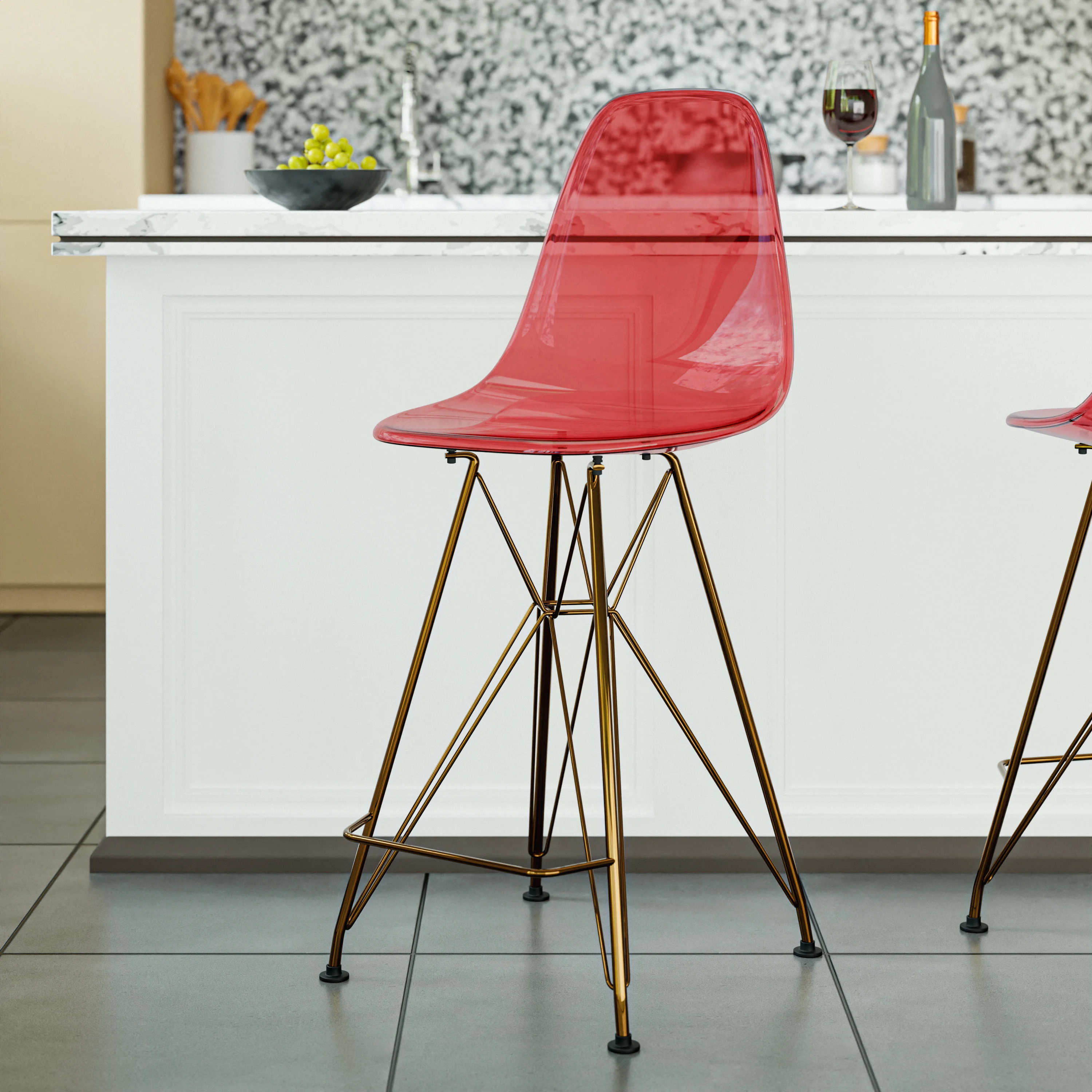 Cresco Counter Height Chair With Eiffel Gold Base In Transparent Red