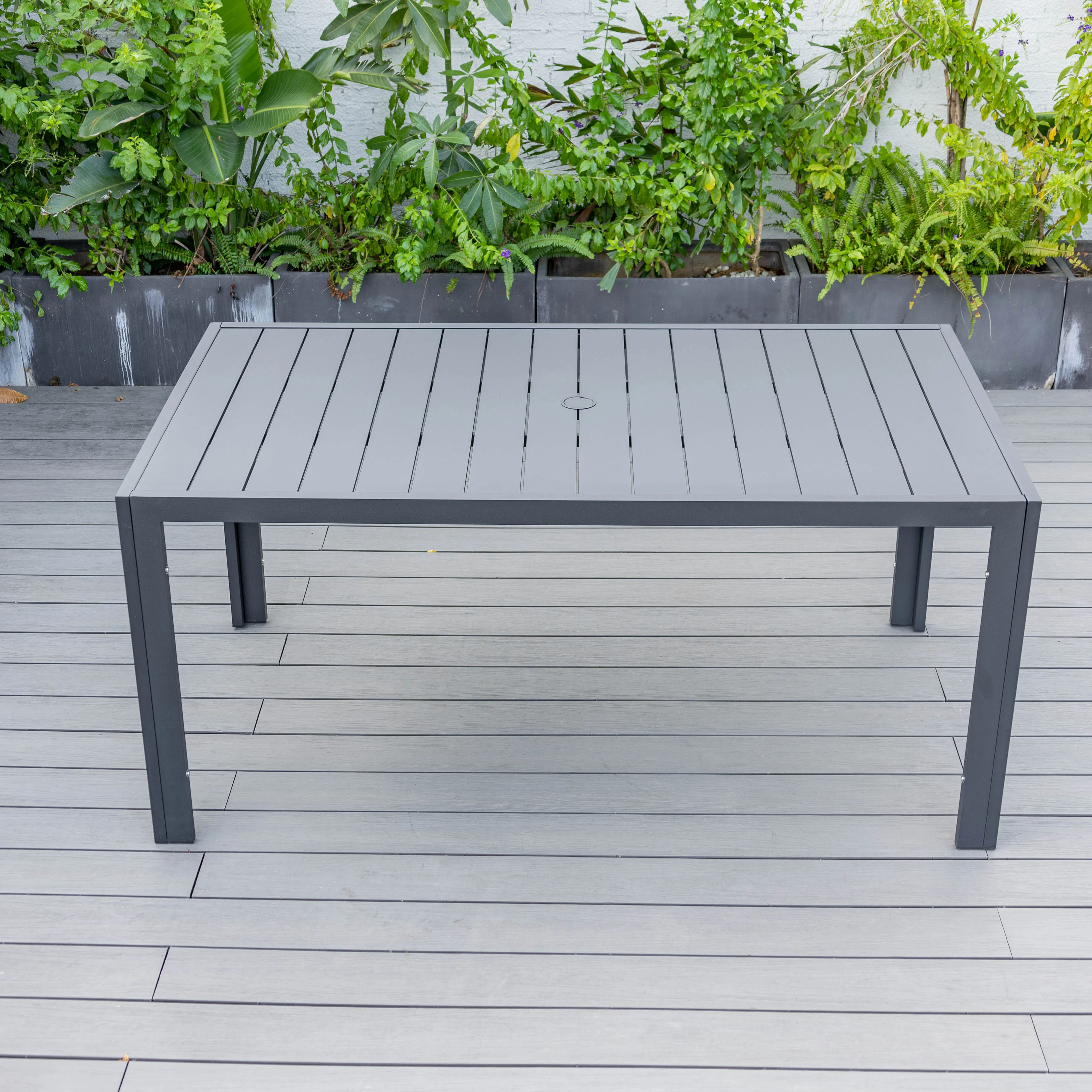 Chelsea Aluminum Outdoor Dining Table With 6 Chairs and Charcoal Blue Cushions