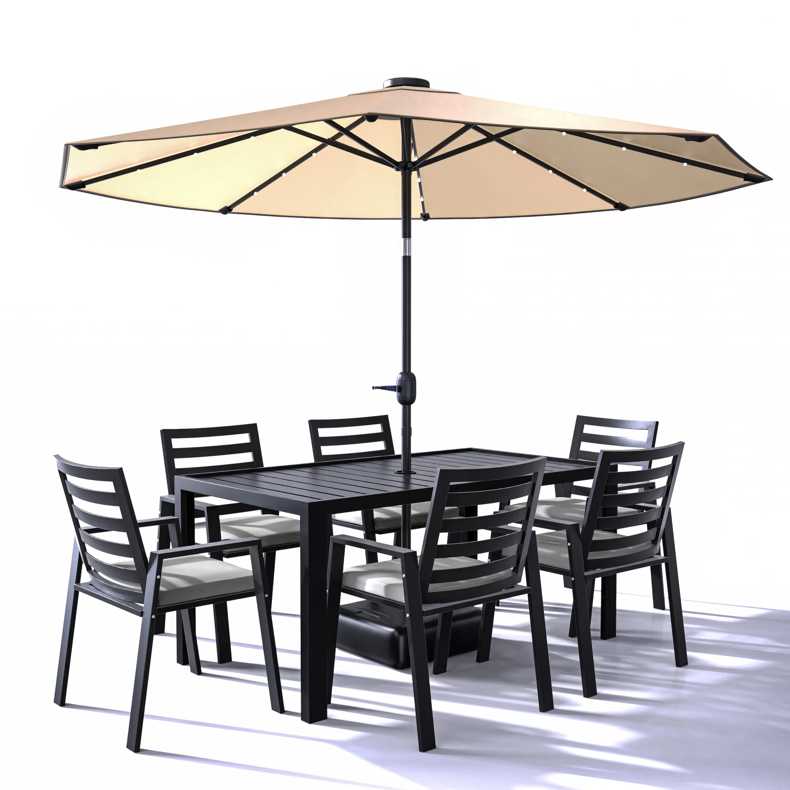 Chelsea Aluminum Outdoor Dining Table With 6 Chairs and Light Grey Cushions