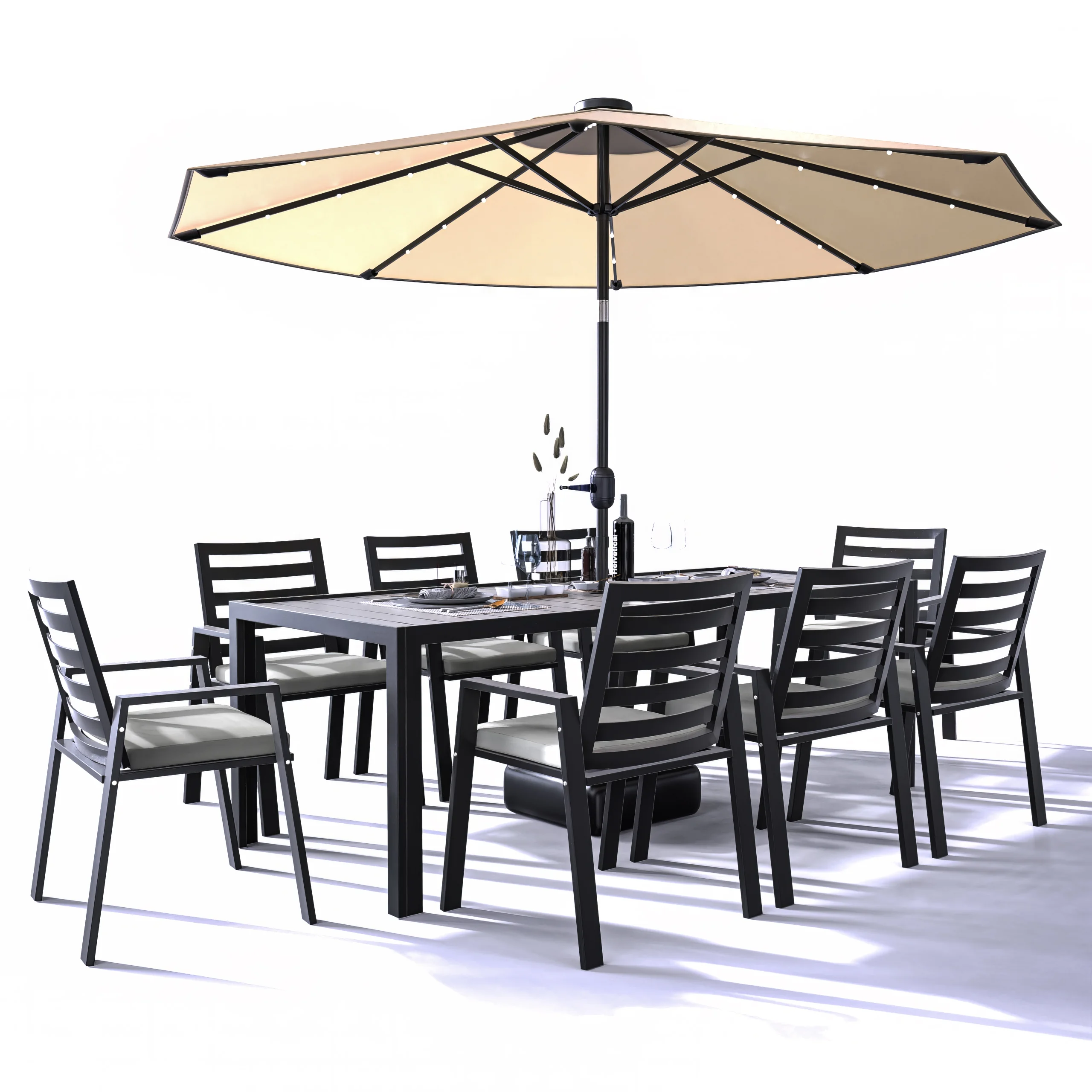 Chelsea Aluminum Outdoor Dining Table 87 With 8 Chairs and Light Grey Cushions