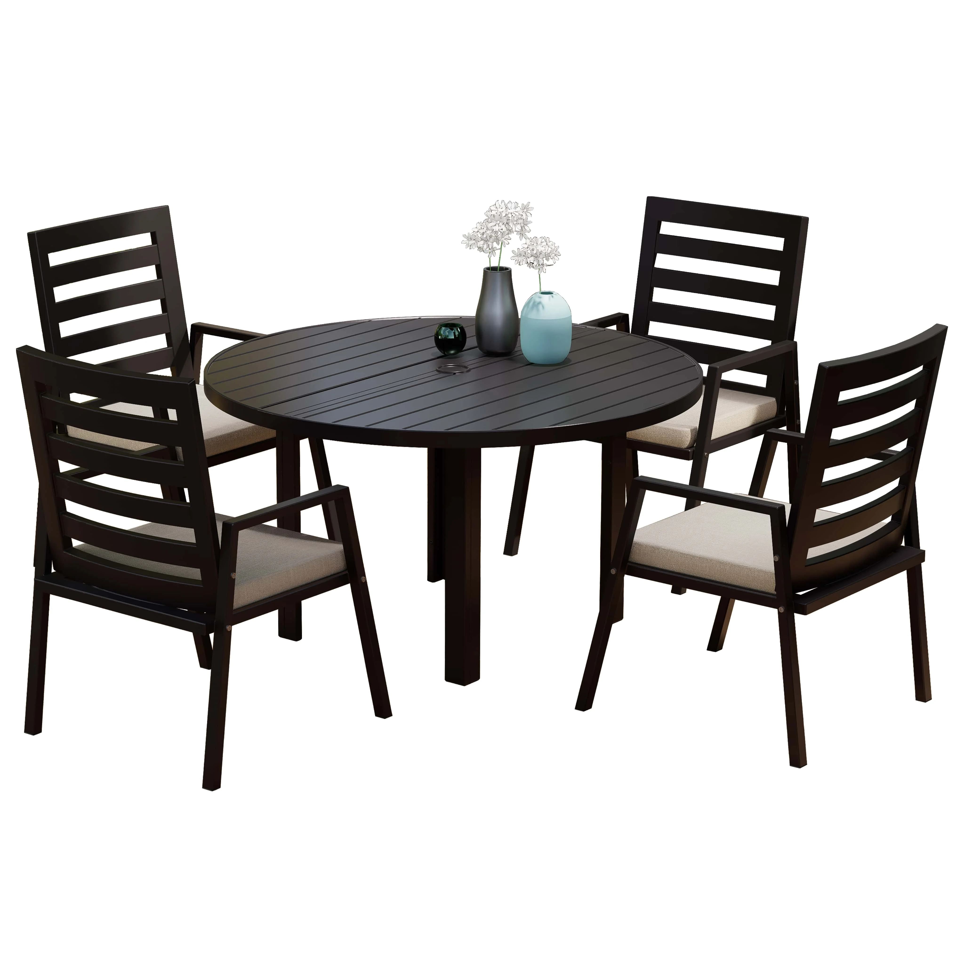 Chelsea 5-Piece Patio Dining Set with 48" Round Aluminum Dining Table and 4 Dining Armchair in Beige