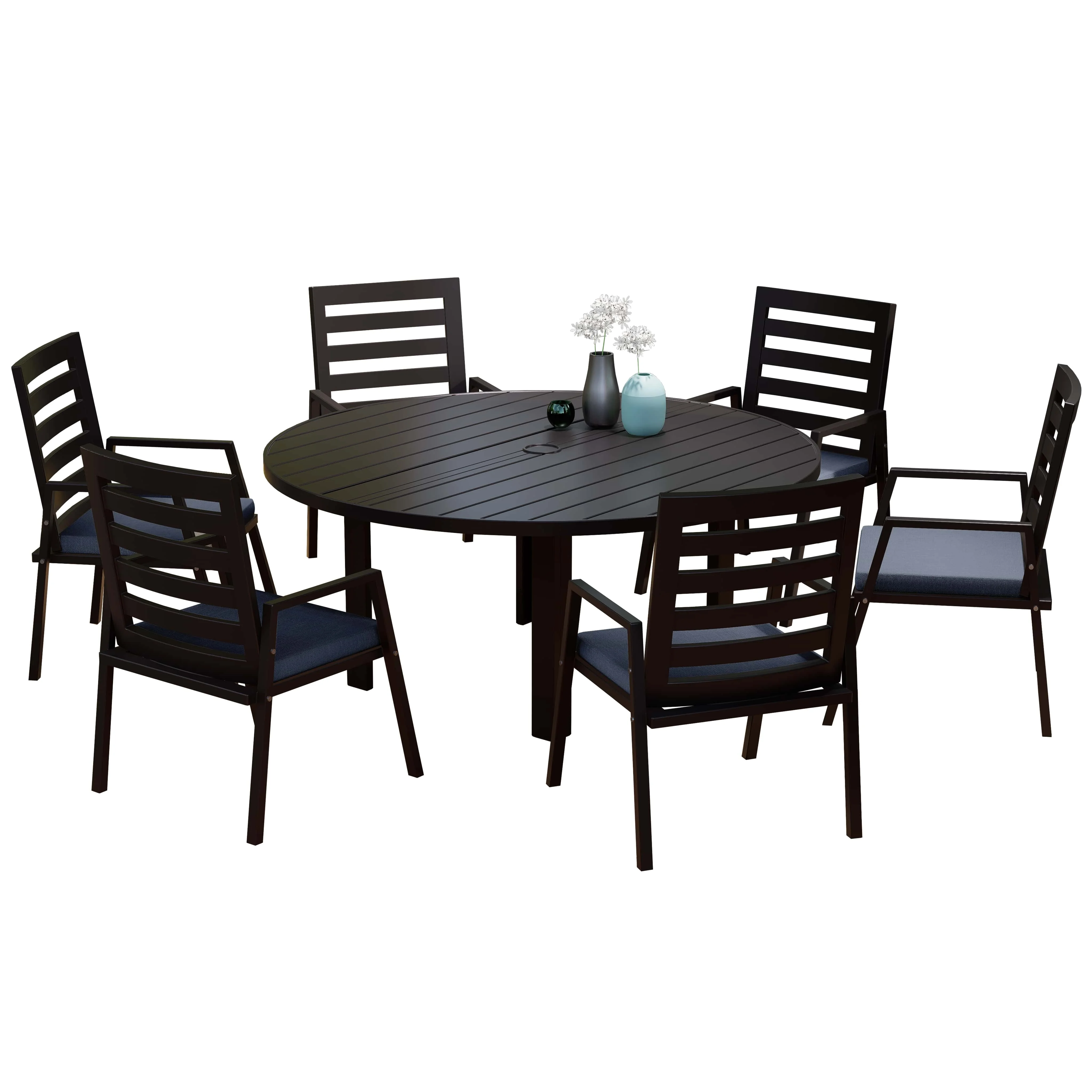 Chelsea 7-Piece Patio Dining Set with 60" Round Aluminum Dining Table and 6 Dining Armchair in Charcoal Blue