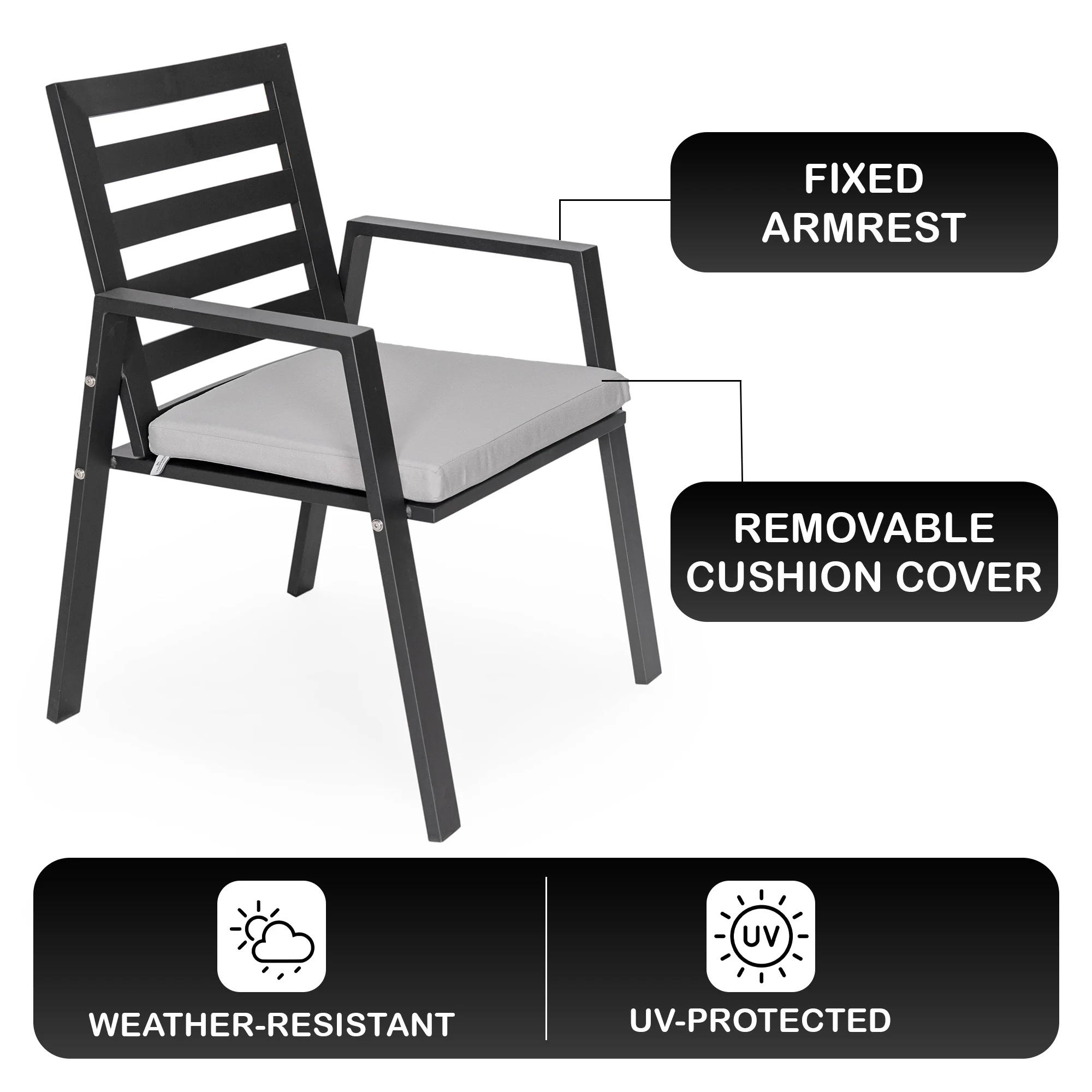 Chelsea Modern Patio Dining Armchair in Aluminum with Removable Cushions