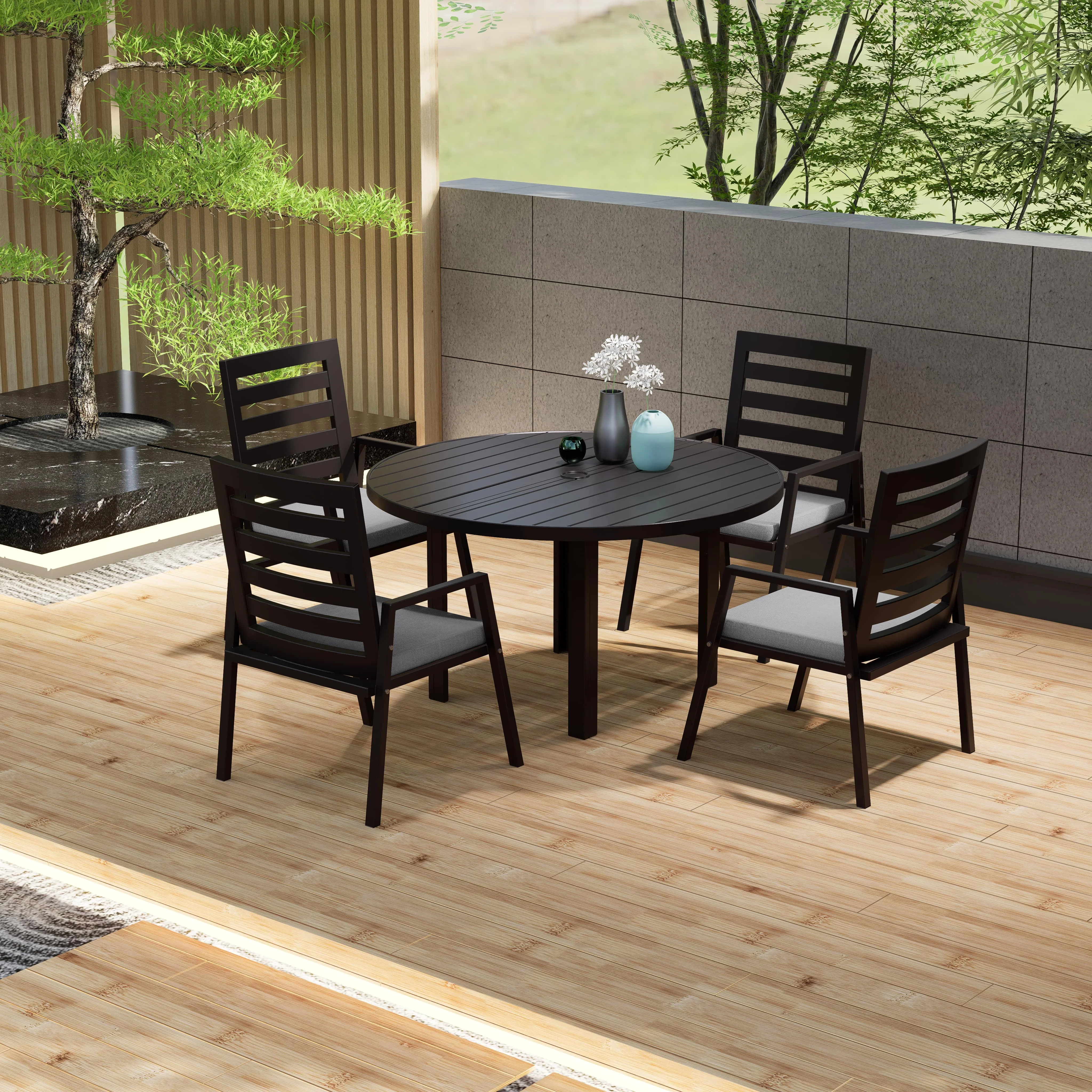 Chelsea 5-Piece Patio Dining Set with 48" Round Aluminum Dining Table and 4 Dining Armchair in Light Grey