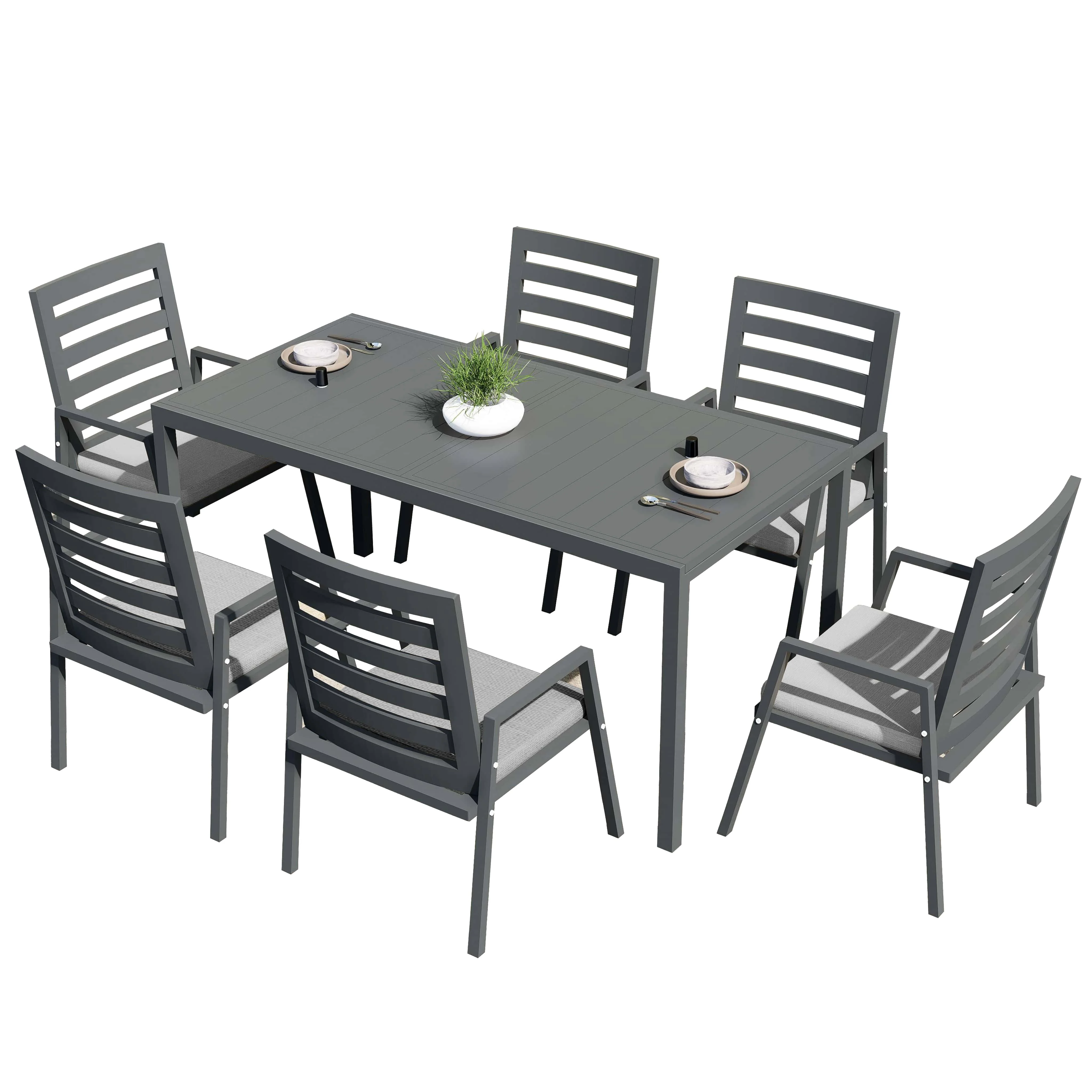Chelsea 7-Piece Patio Dining Set 78-118" Wide Rectangular Extendable Aluminum Dining Table and 6 Dining Armchair in Light Grey