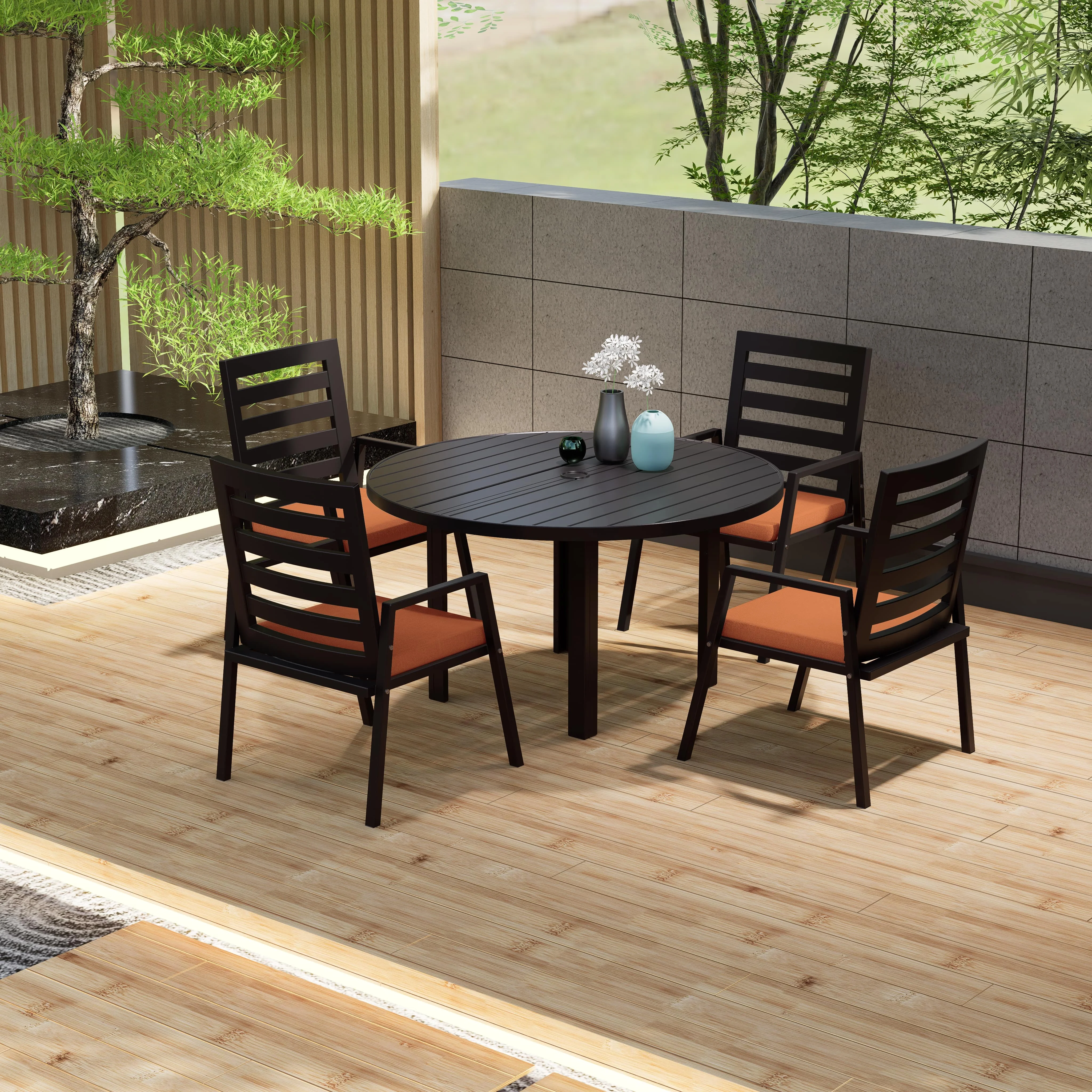 Chelsea 5-Piece Patio Dining Set with 48" Round Aluminum Dining Table and 4 Dining Armchair in Orange