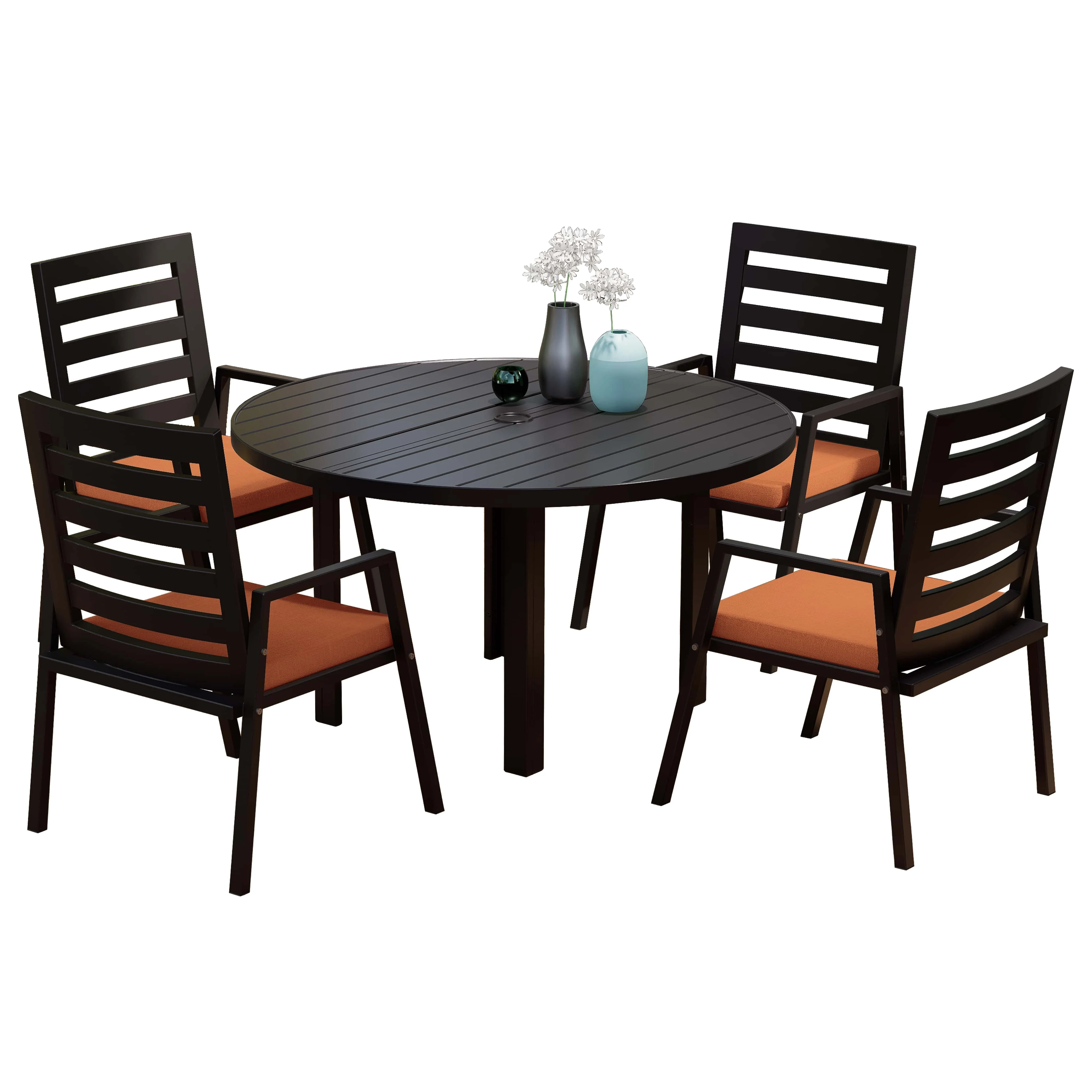 Chelsea 5-Piece Patio Dining Set with 48" Round Aluminum Dining Table and 4 Dining Armchair in Orange