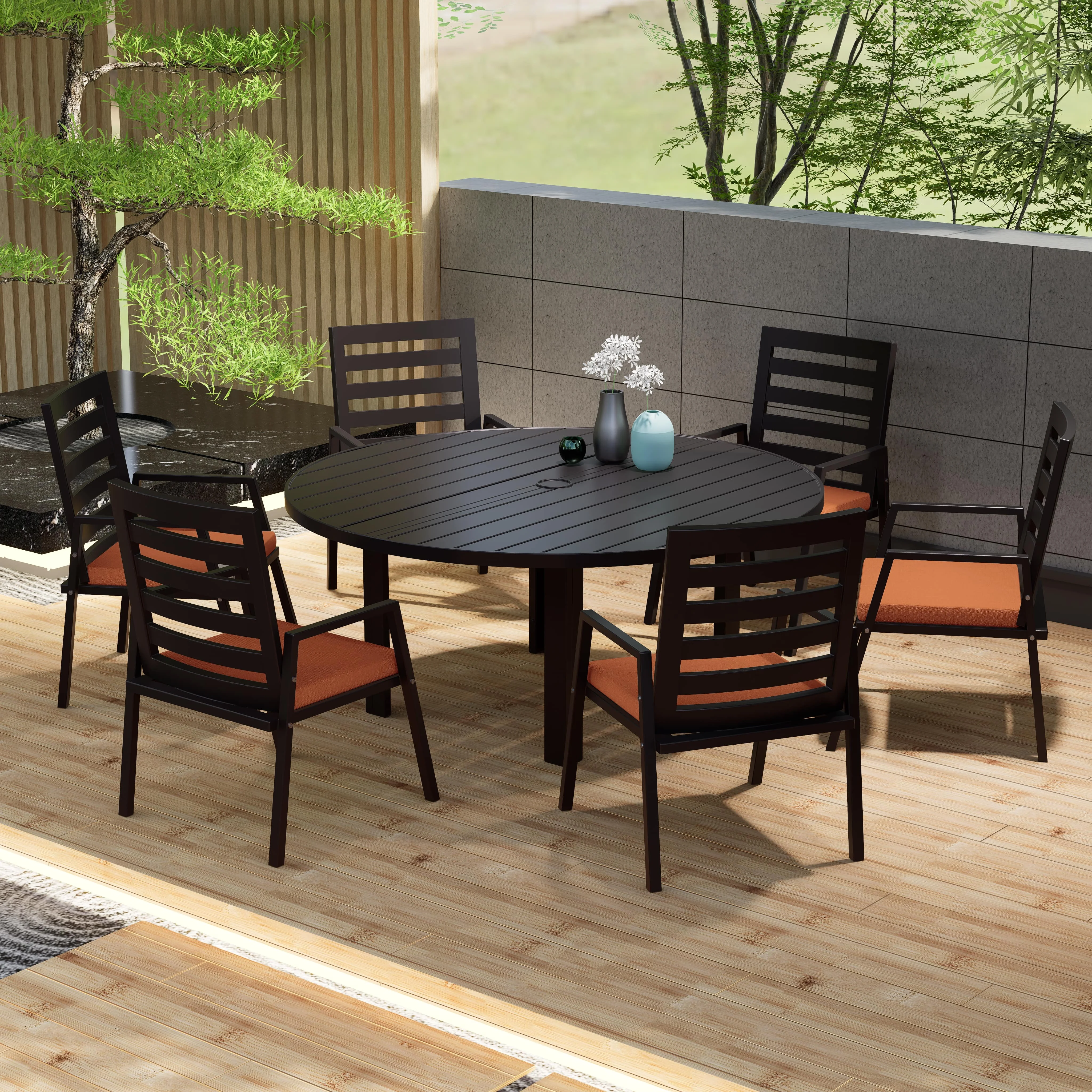 Chelsea 7-Piece Patio Dining Set with 60" Round Aluminum Dining Table and 6 Dining Armchair in Orange