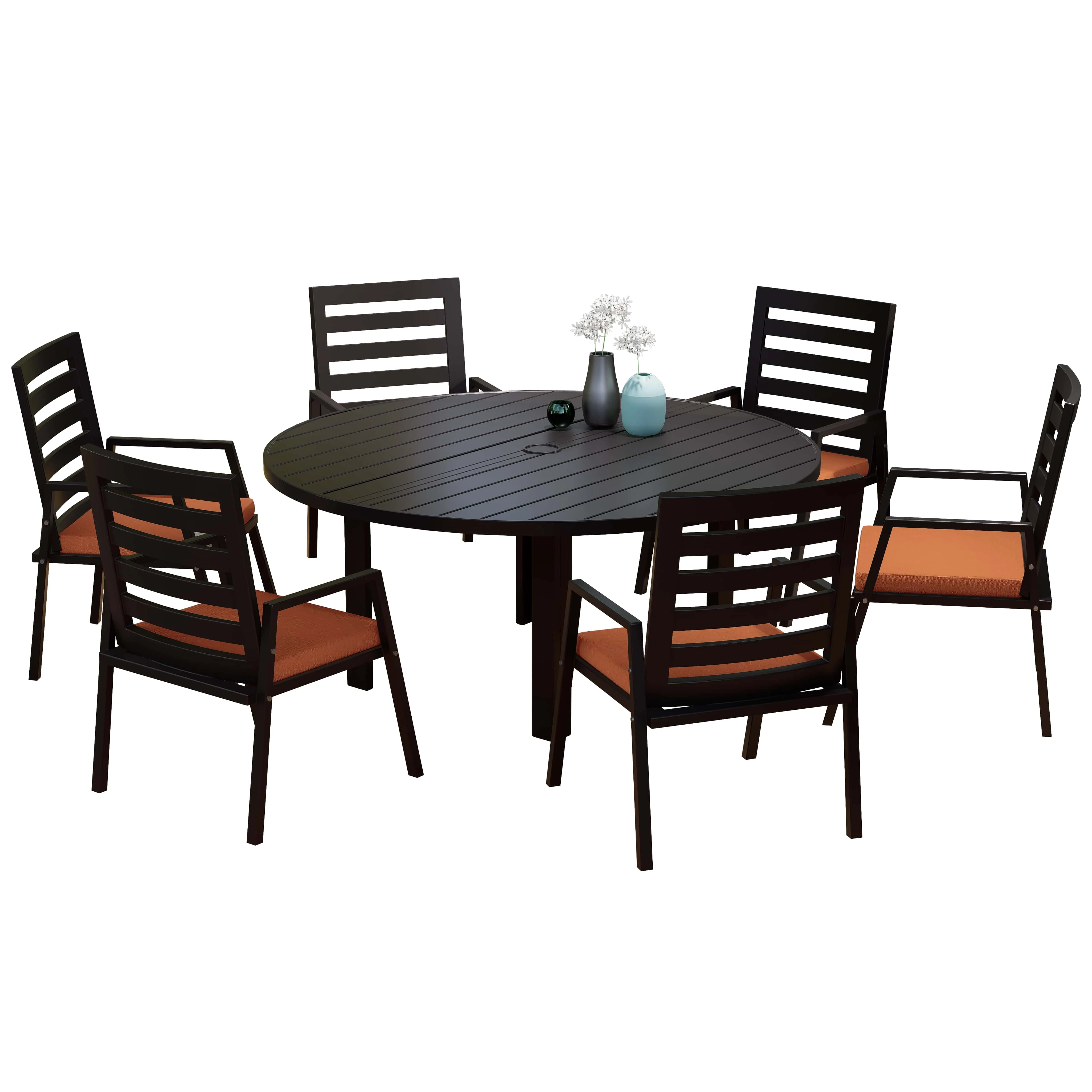 Chelsea 7-Piece Patio Dining Set with 60" Round Aluminum Dining Table and 6 Dining Armchair in Orange