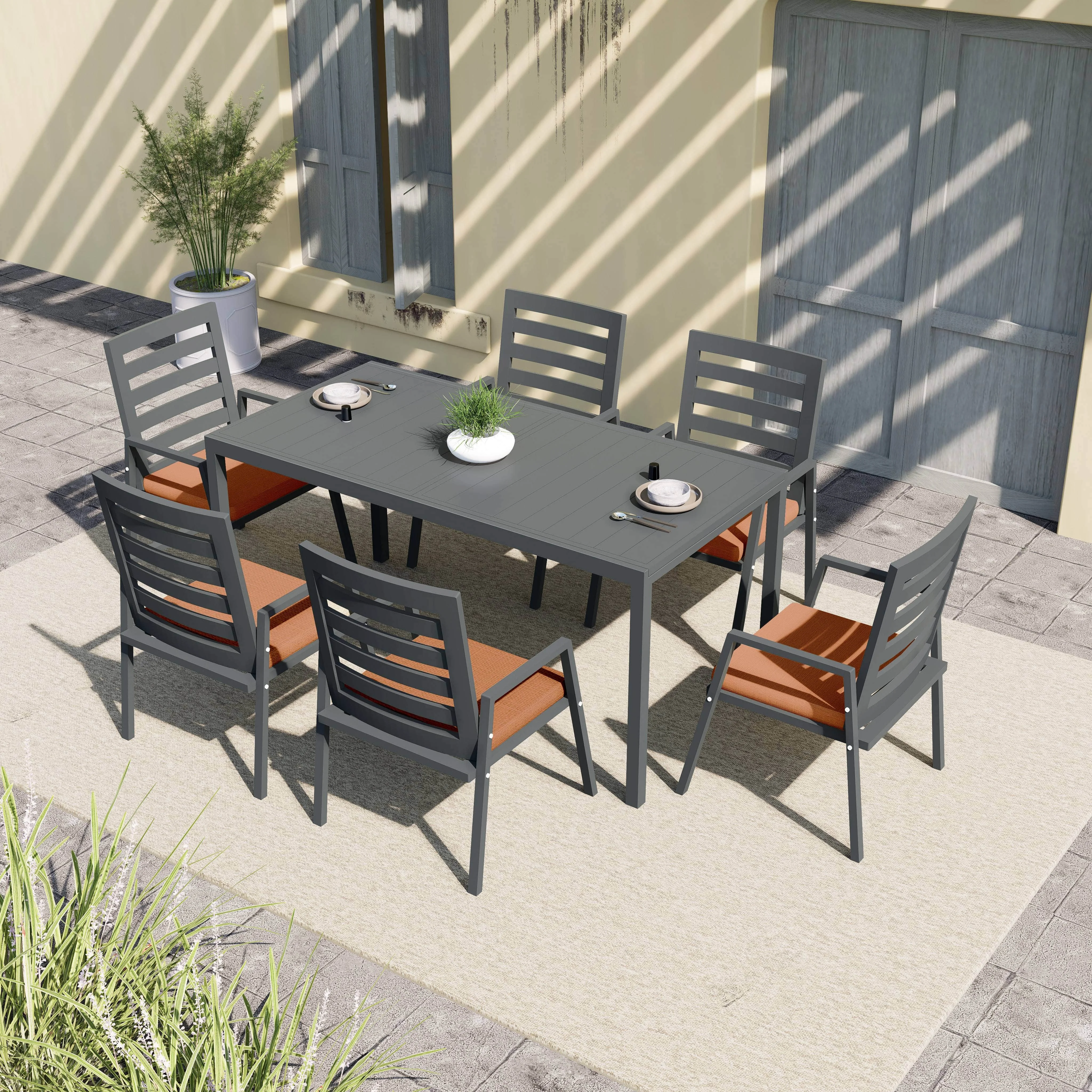 Chelsea 7-Piece Patio Dining Set 78-118" Wide Rectangular Extendable Aluminum Dining Table and 6 Dining Armchair in Orange