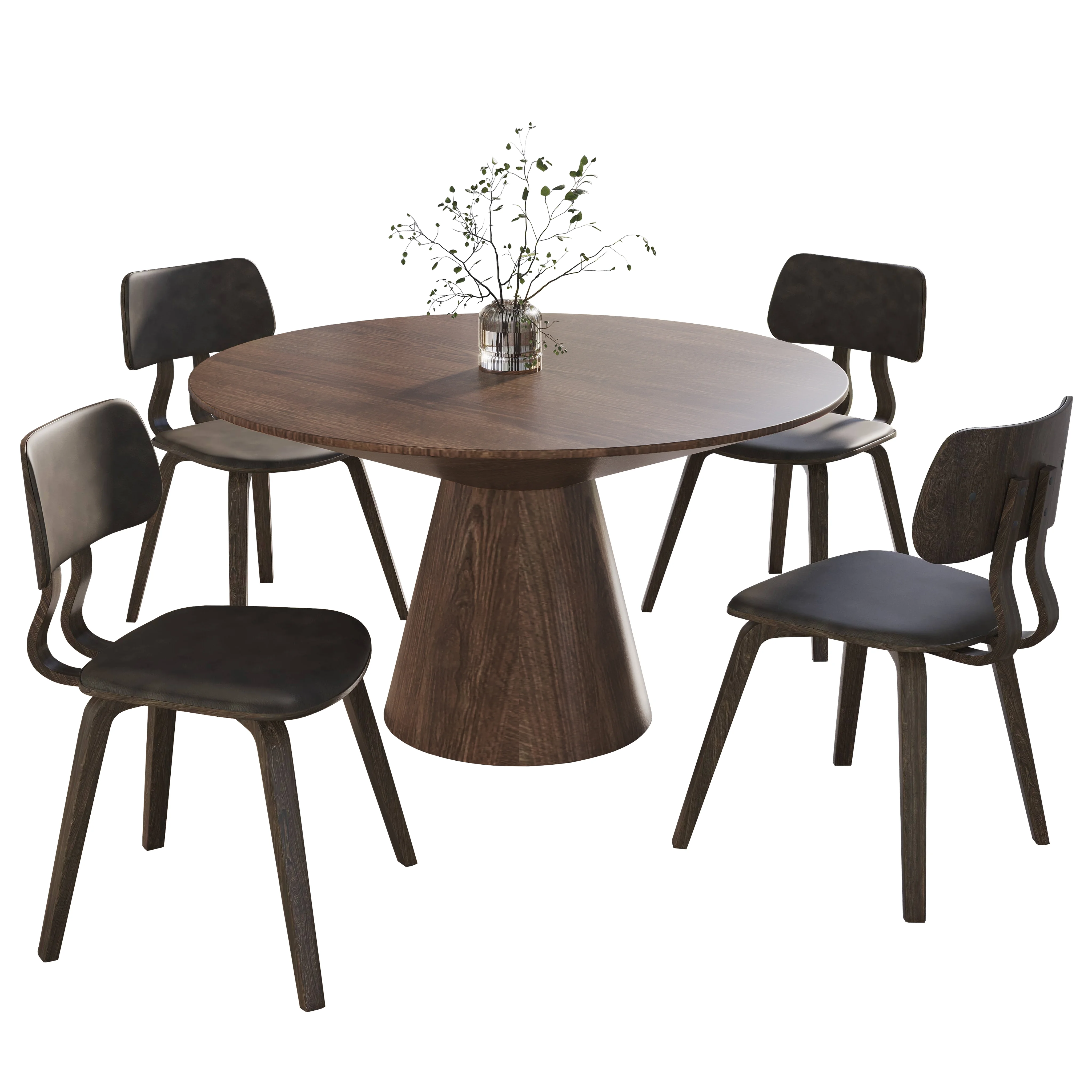 5-Piece Dining Set with Round Wooden Table in Walnut and 4 Leather Dining Chairs in Dark Walnut/Brown