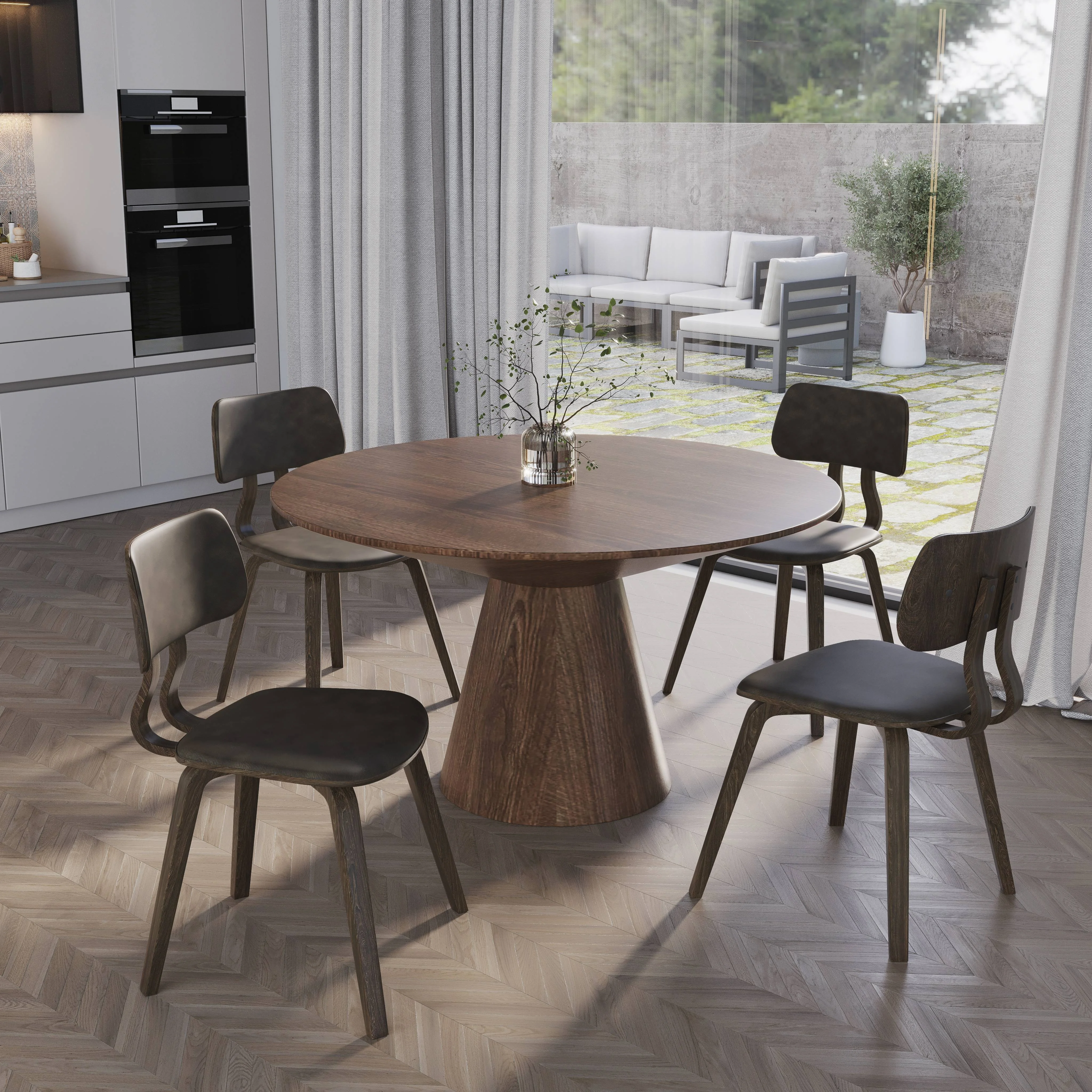 5-Piece Dining Set with Round Wooden Table in Walnut and 4 Leather Dining Chairs in Dark Walnut/Brown