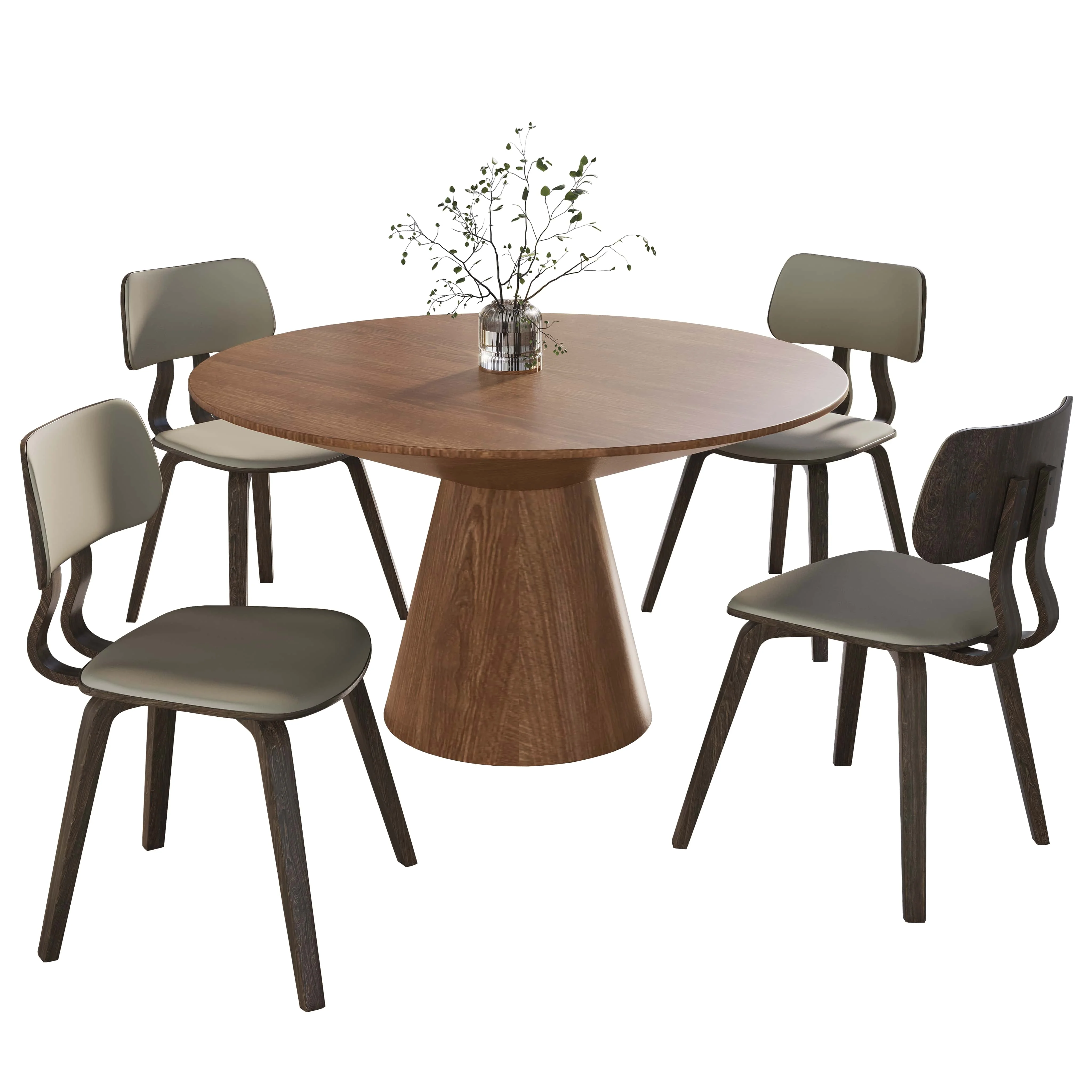 5-Piece Dining Set with Round Wooden Table in Natural Wood and 4 Leather Dining Chairs in Dark Walnut/Taupe