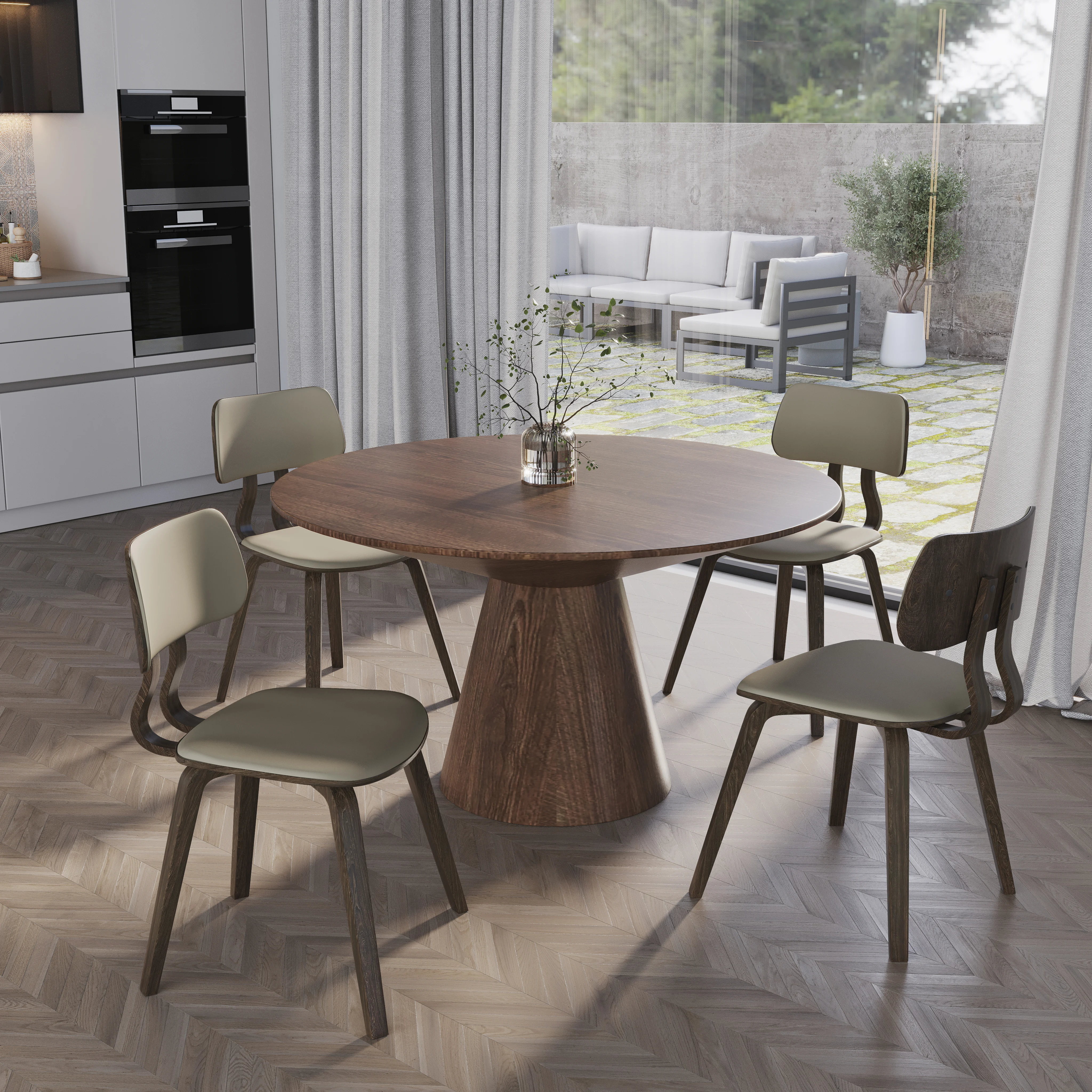5-Piece Dining Set with Round Wooden Table in Walnut and 4 Leather Dining Chairs in Dark Walnut/Taupe