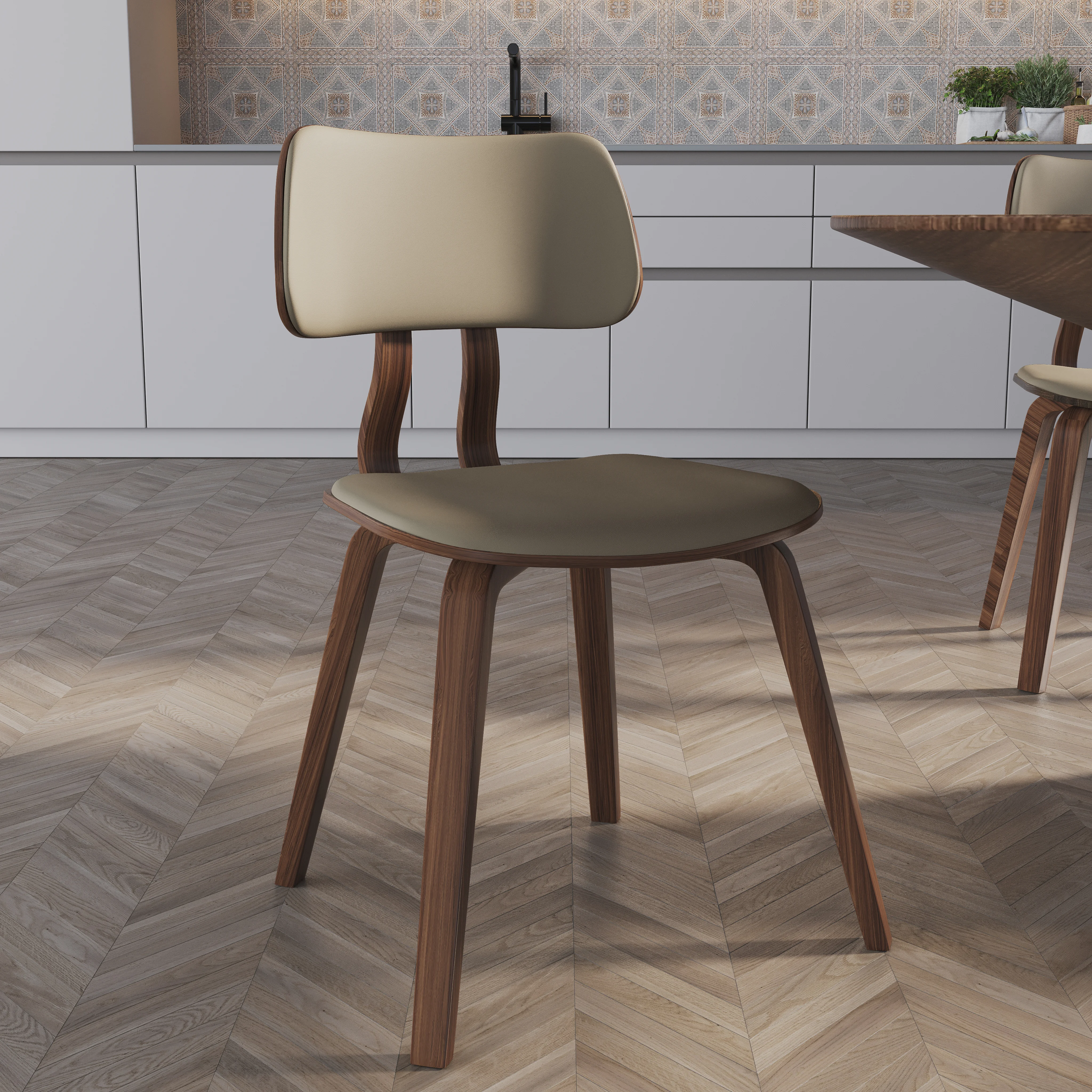 Modern Wooden Dining Chair, Walnut Color Frame in Light Brown, Clivo Collection By LeisrueMod